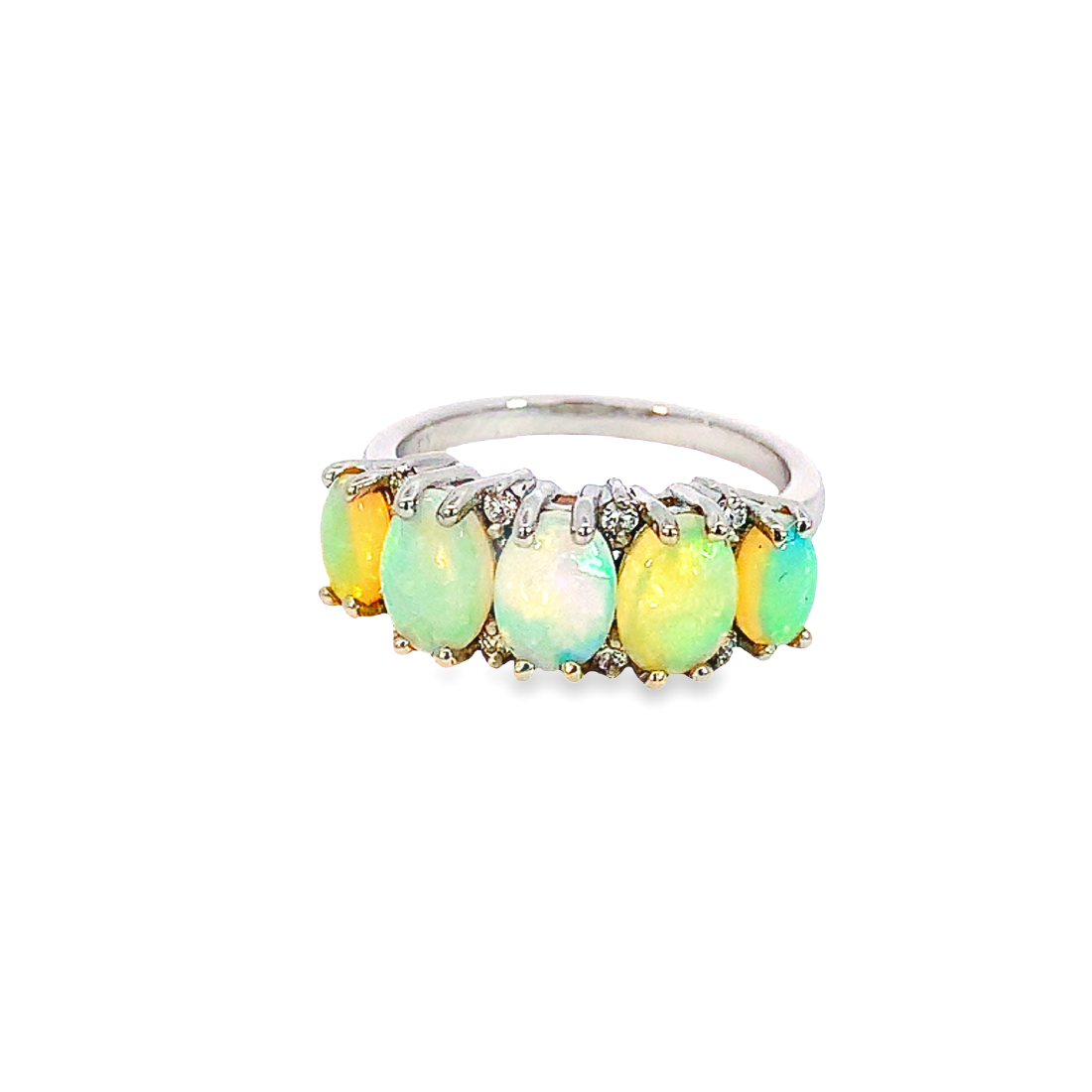 Platinum ring set with 5 Crystal Opal 2.6ct and diamond eternity style ring - Masterpiece Jewellery Opal & Gems Sydney Australia | Online Shop