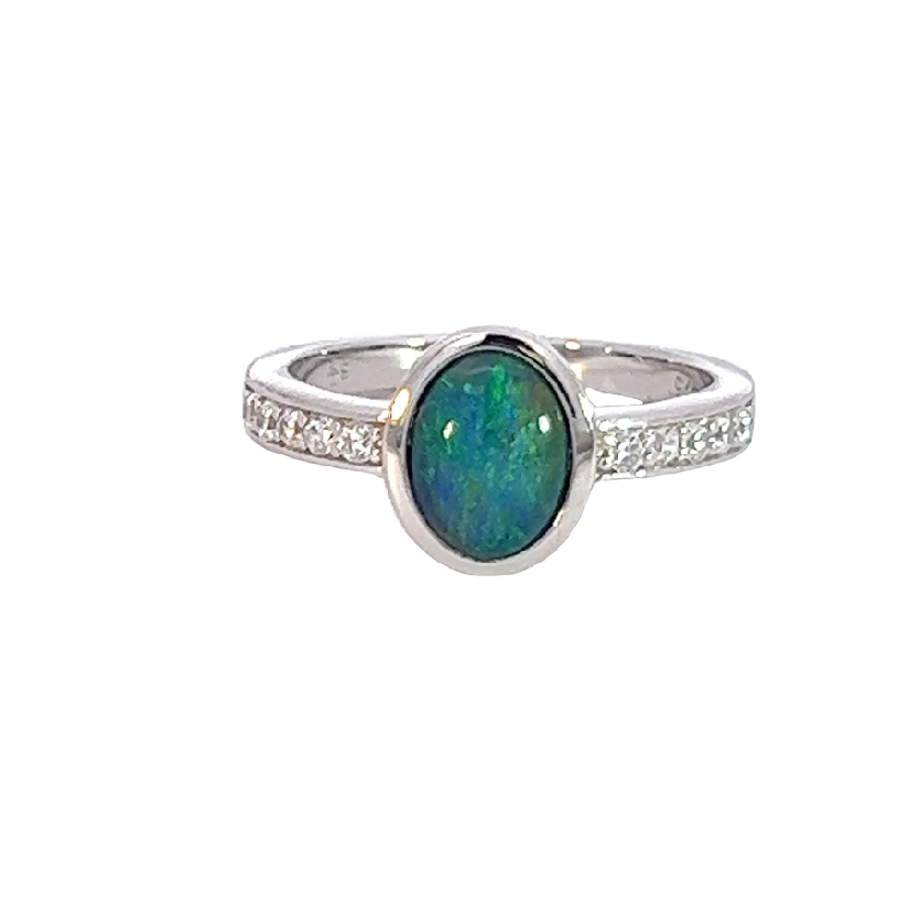 Sterling Silver Opal triplet oval and cubic zirconia ring - Masterpiece Jewellery Opal & Gems Sydney Australia | Online Shop