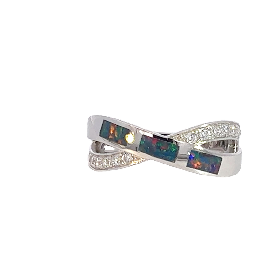 Sterling Silver Opal cross over inlay ring - Masterpiece Jewellery Opal & Gems Sydney Australia | Online Shop