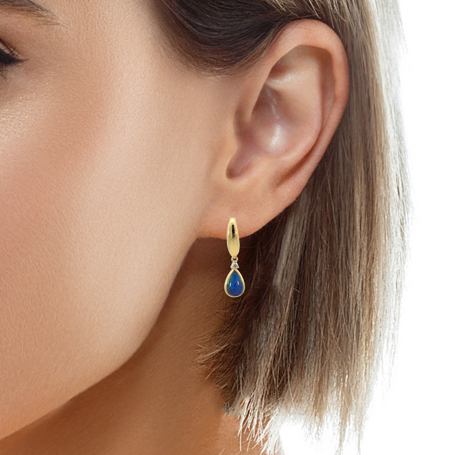 Gold plated silver dangling pearshape 8x5mm opal triplet earrings - Masterpiece Jewellery Opal & Gems Sydney Australia | Online Shop