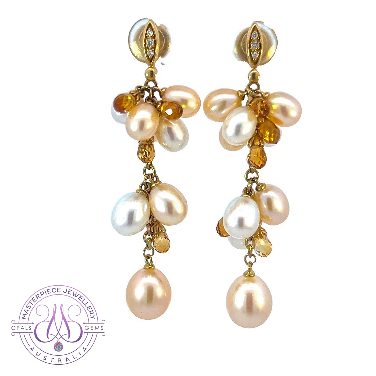 18kt Yellow Gold dangling Pearl, Diamond and Citrine earrings - Masterpiece Jewellery Opal & Gems Sydney Australia | Online Shop