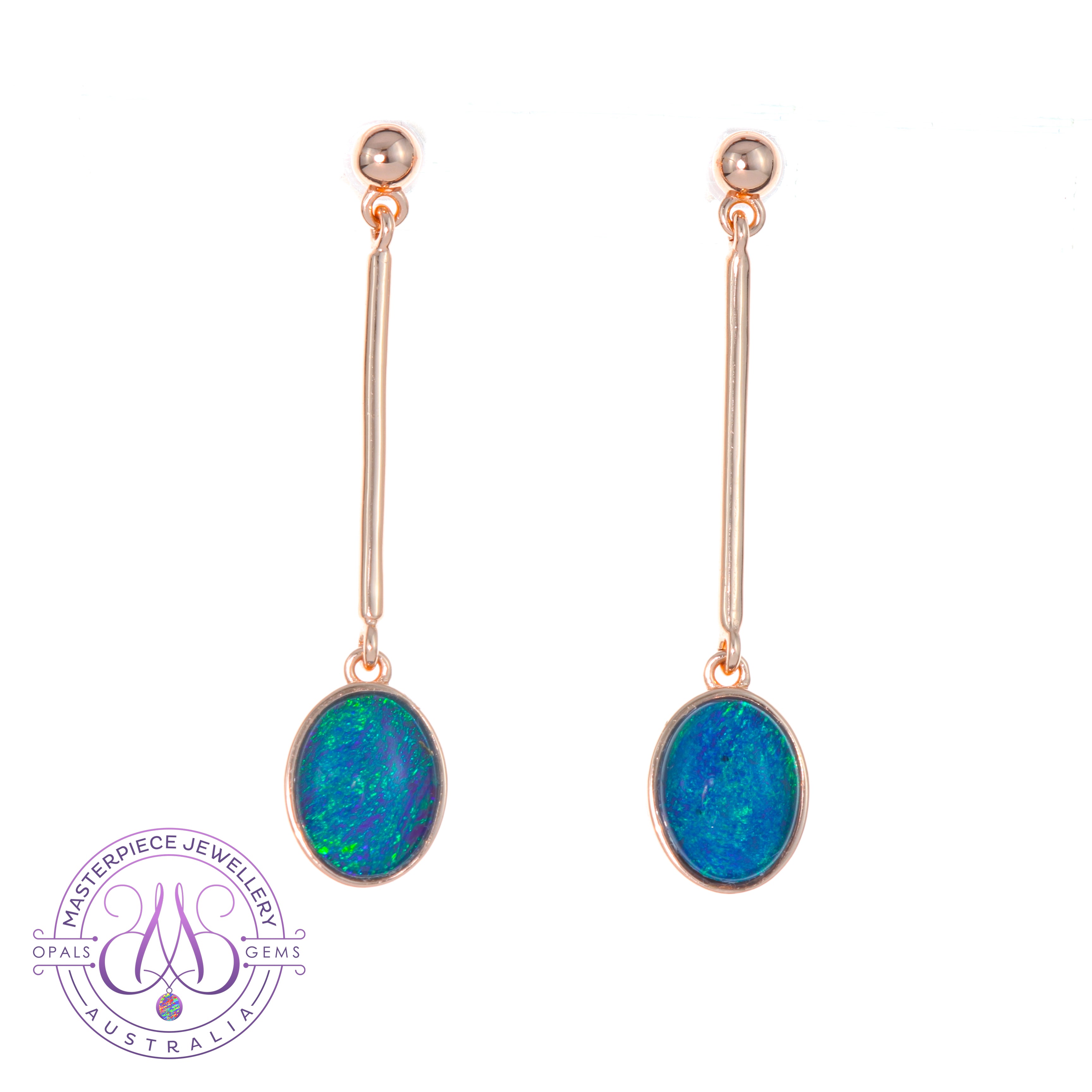 Rose Gold Plated 9x7mm Opal triplet dangling bezel set earrings - Masterpiece Jewellery Opal & Gems Sydney Australia | Online Shop
