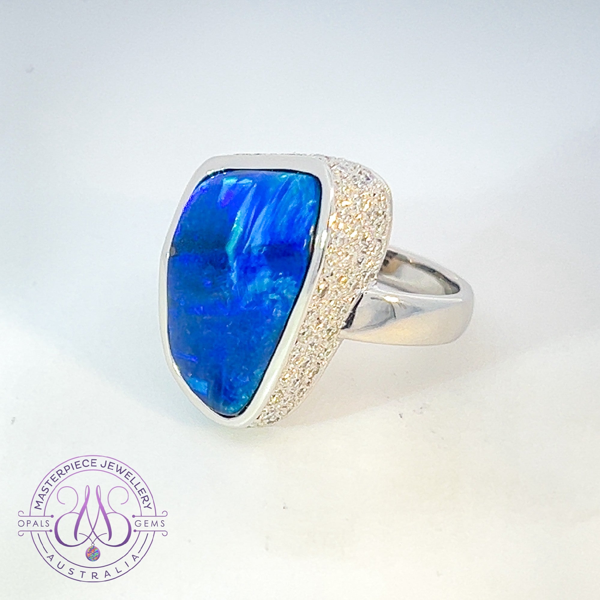 Platinum cluster design Green blue Boulder Opal 9.59ct with 1.07ct Diamonds ring