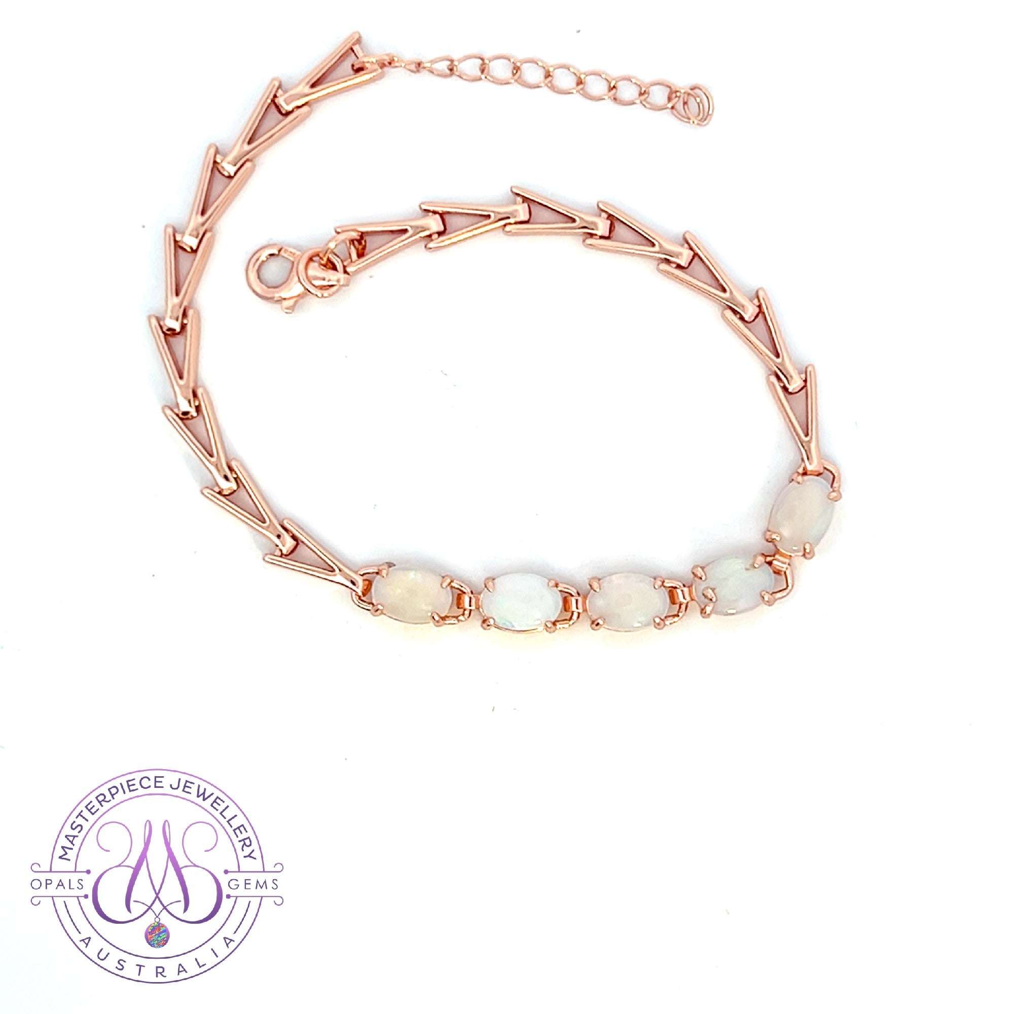 Rose Gold Sterling Silver 5 White Opal 8x6mm bracelet