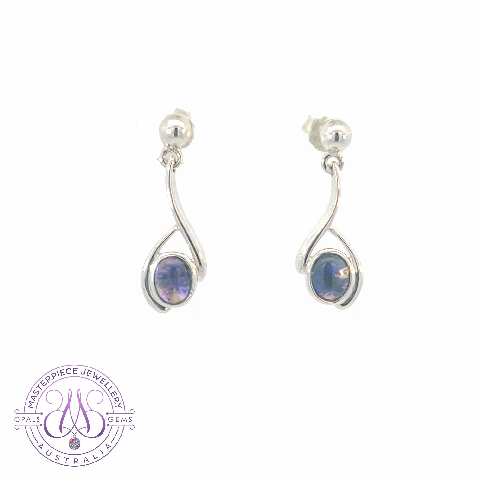 Pair of Sterling Silver dangling 5x3mm Blue Black Opals earrings