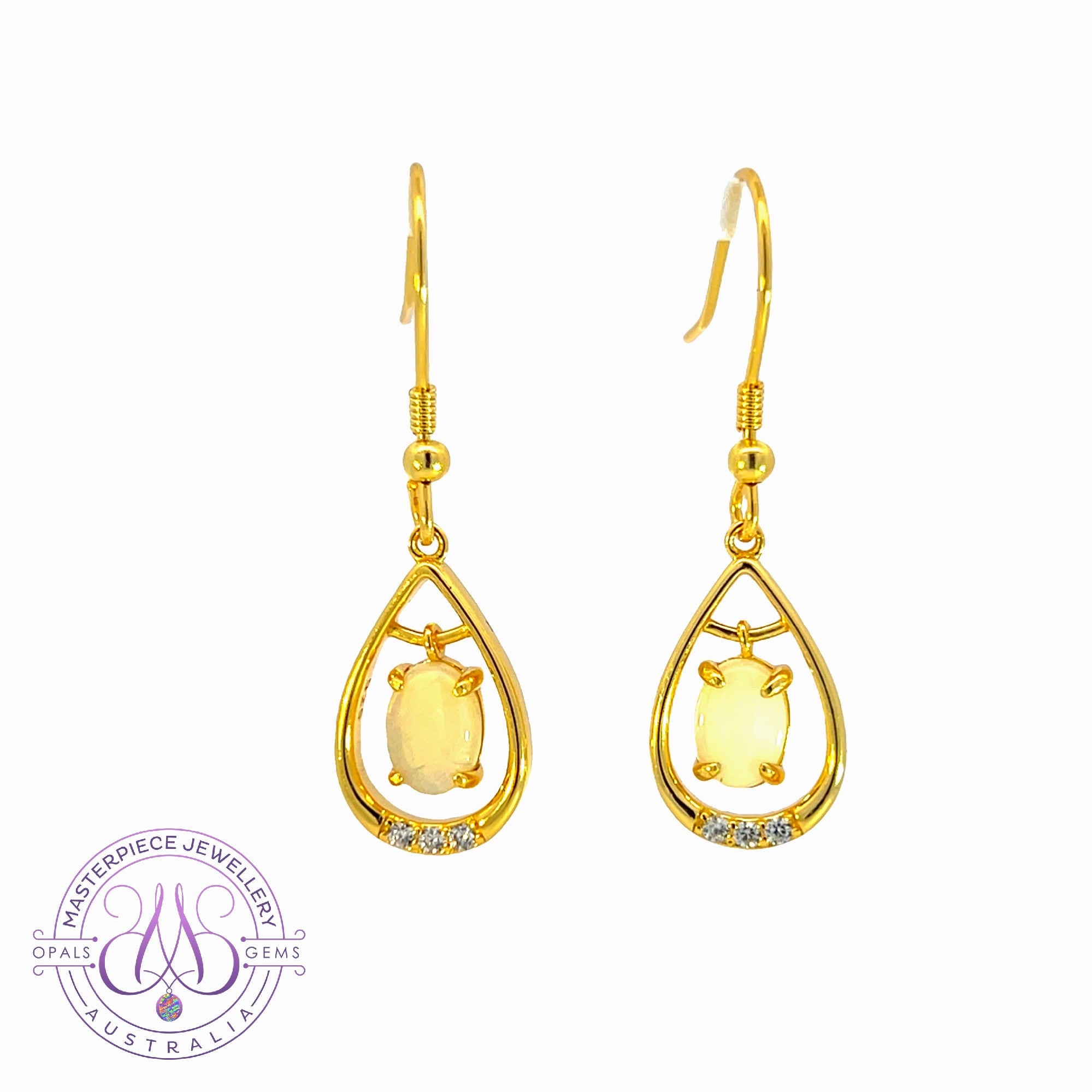 Gold Plated silver dangling pearshape frame dangling 7x5mm Opal earrings