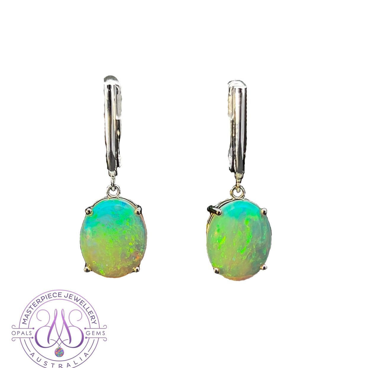 14kt White gold Huggie U-shape dangling Crystal Opal 3.97ct earrings