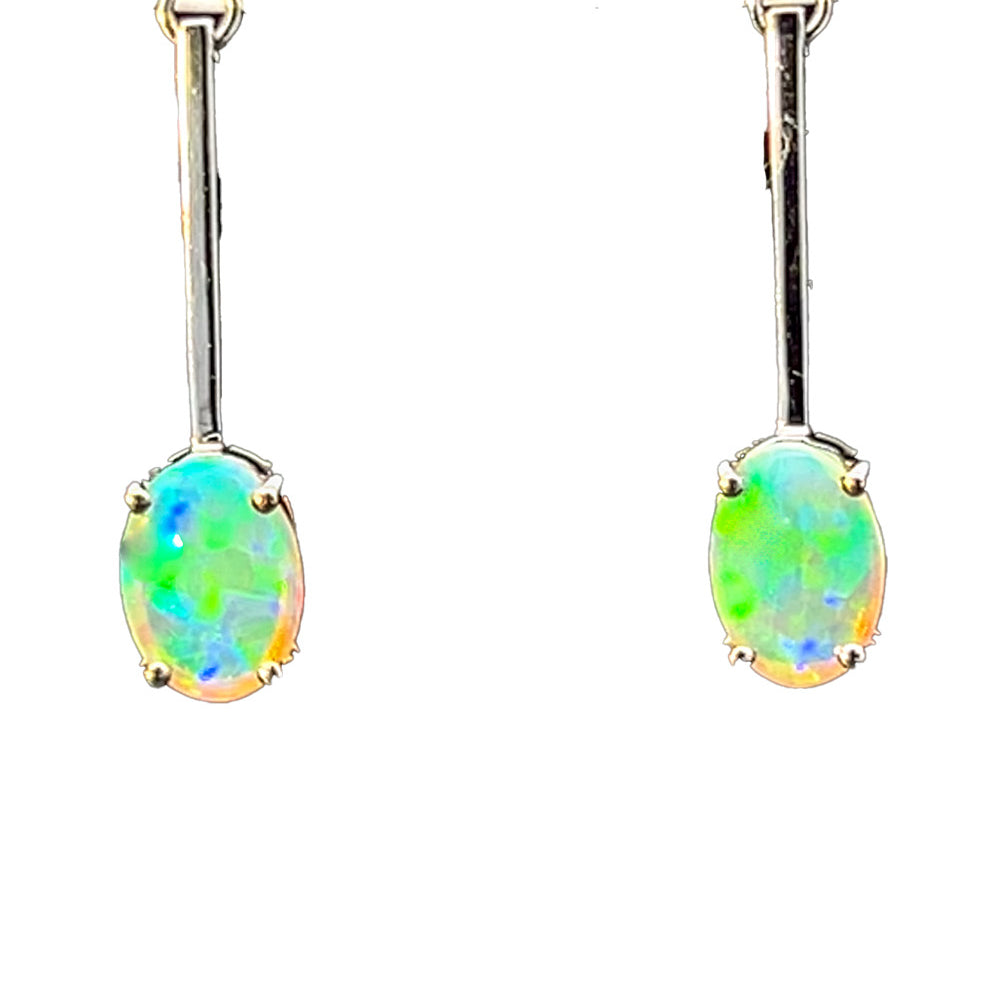 14kt White Gold long bar drop style Crystal Opal earrings