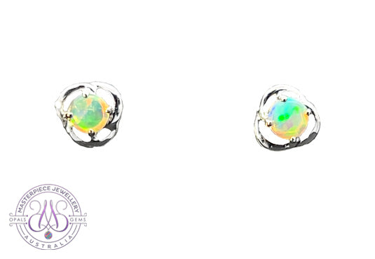 14kt White gold short dangle 3mm Crystal Opal circle studs