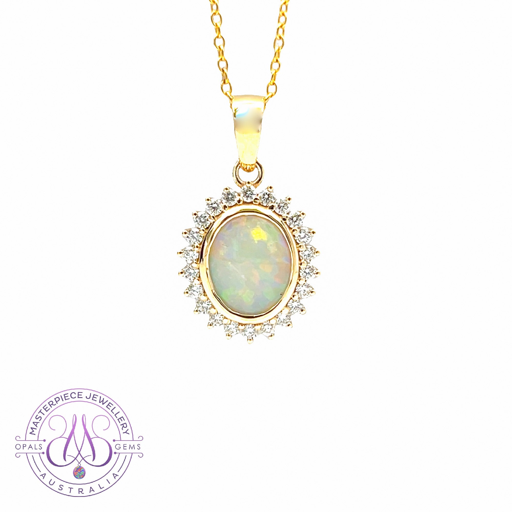 18kt Yellow Gold cluster Crystal Opal and diamond pendant
