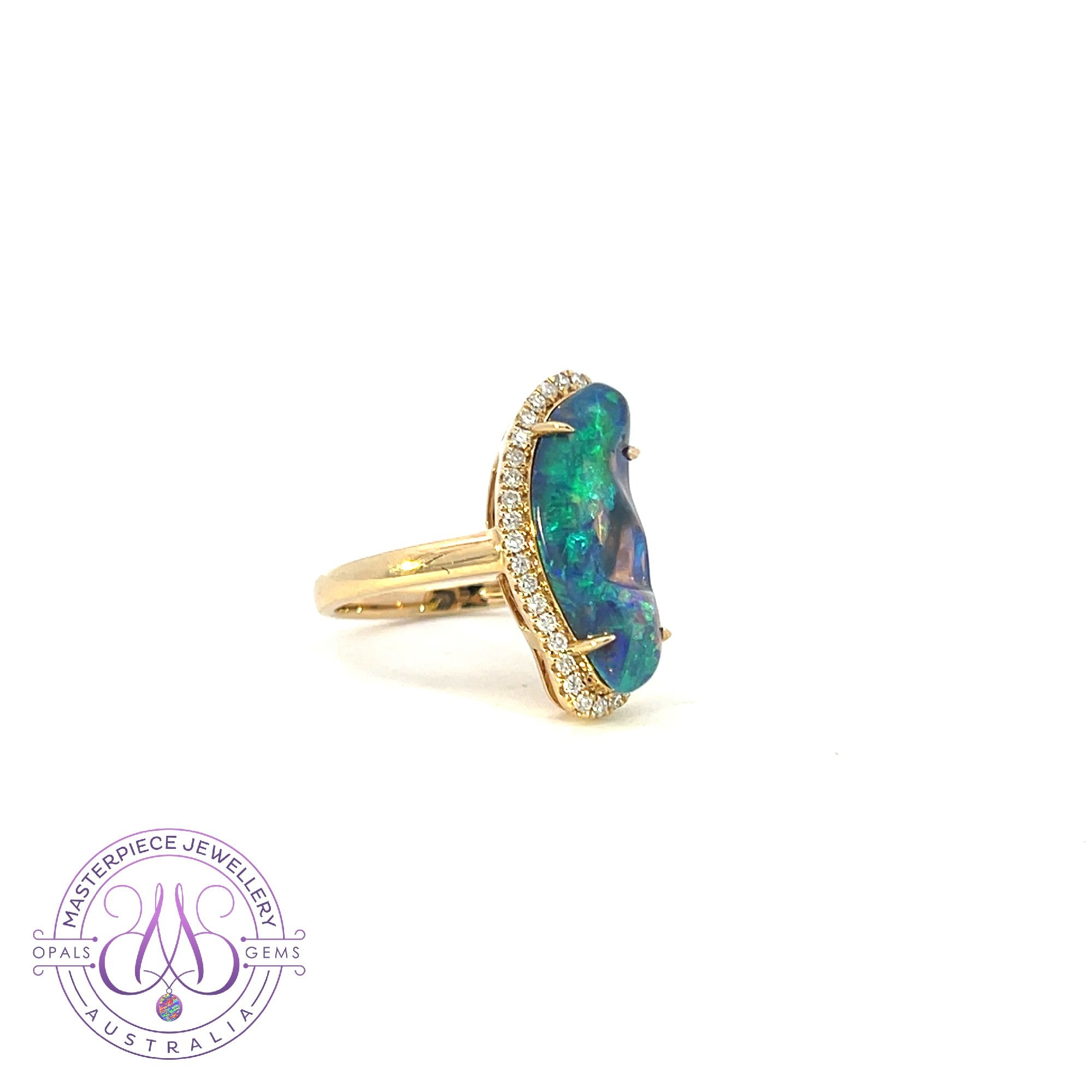 14kt Yellow Gold freeform Black Opal 2.73ct and diamond ring