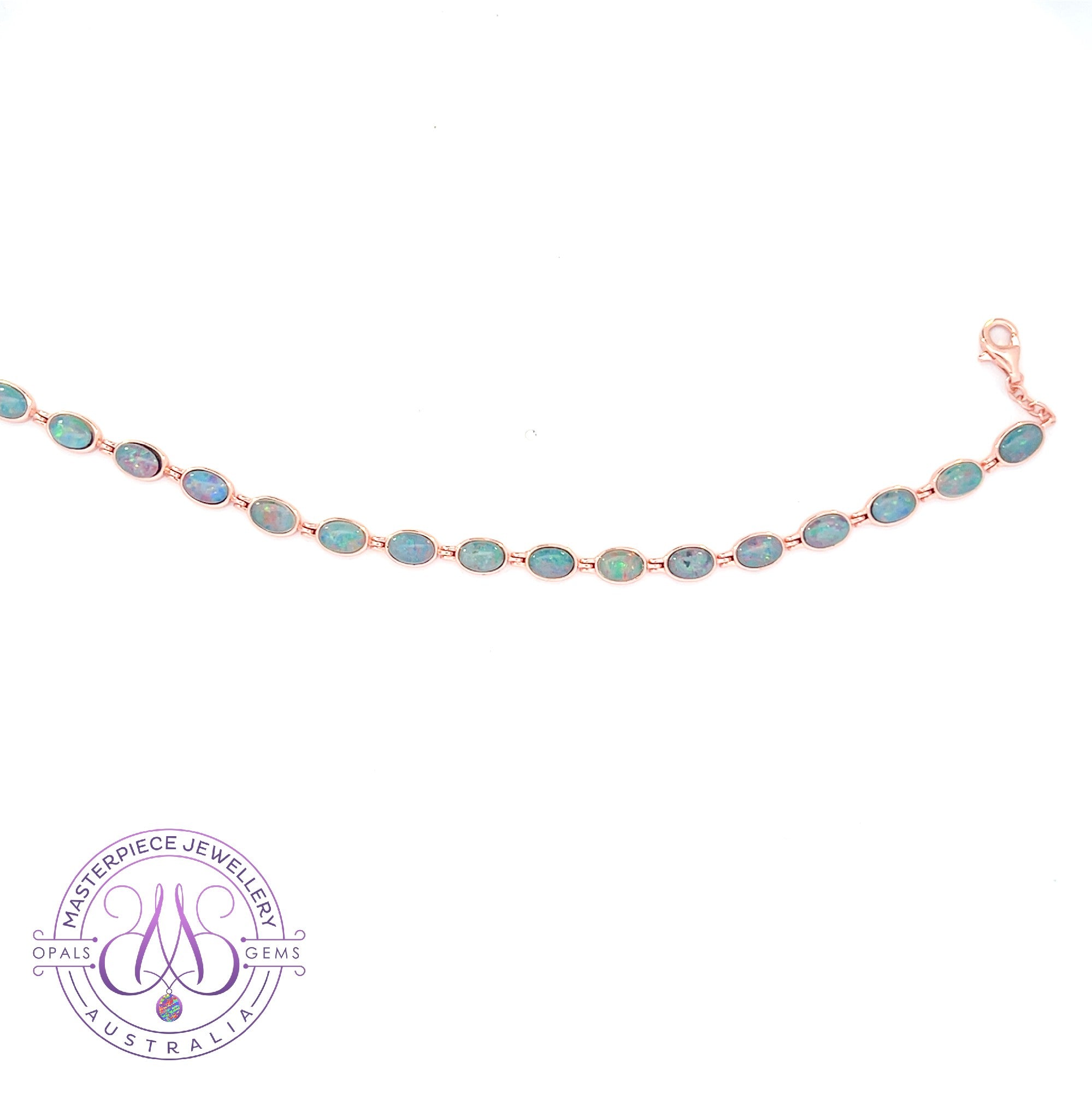 Rose Gold plated silver tennis bracelet style bezel set bracelet with opal triplets