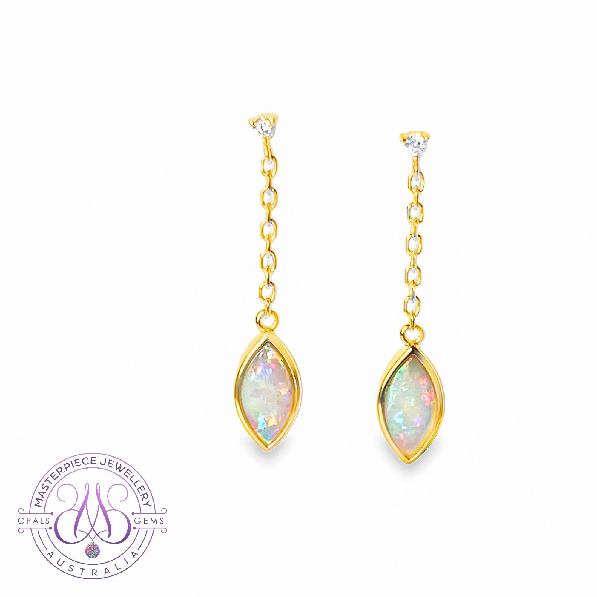 14kt Yellow Gold pair of dangling Crystal Marquise shape Opals and diamond earrings