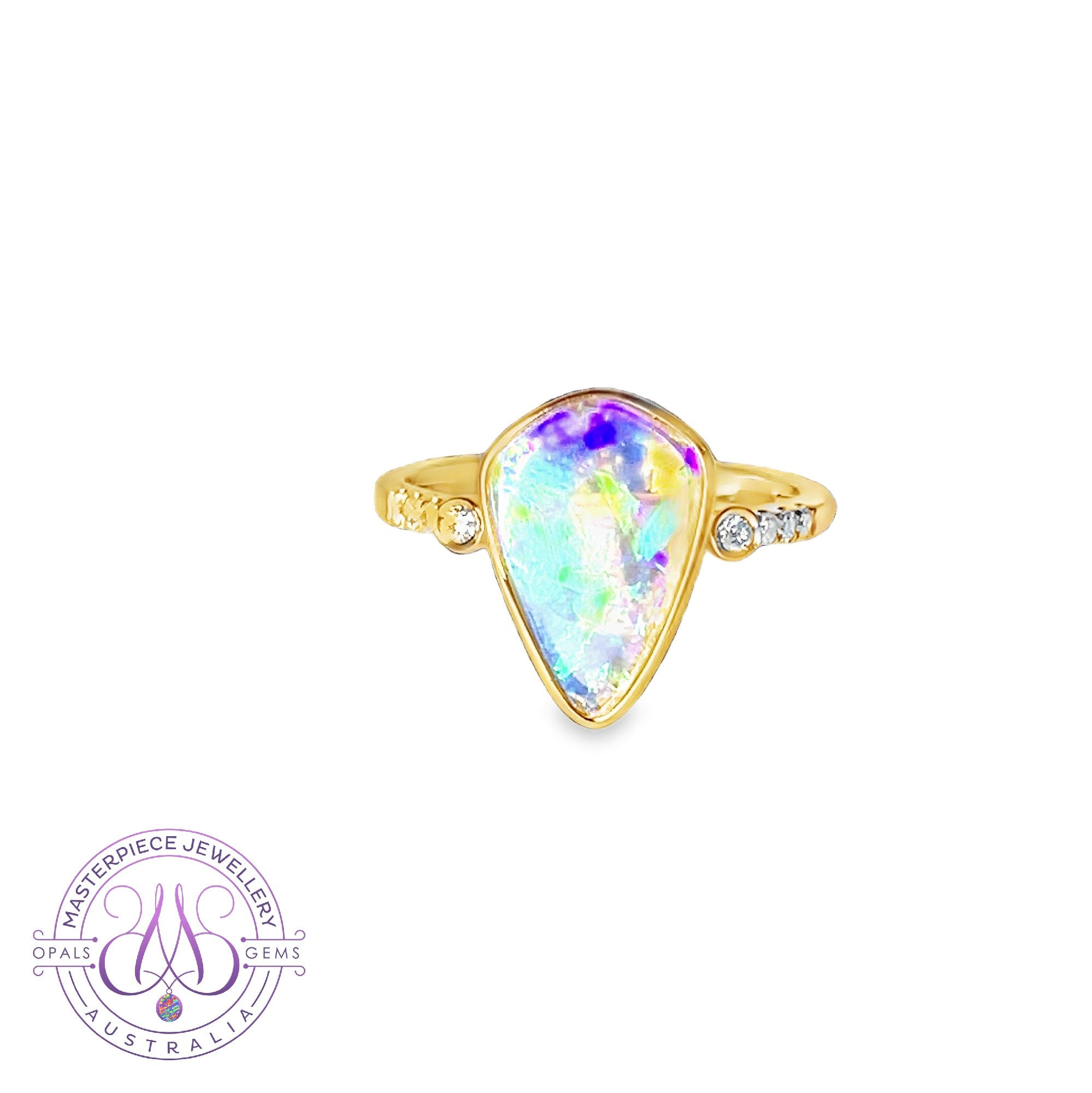 18kt Yellow Gold pear shape Crystal Blue Green flash opal with diamonds ring