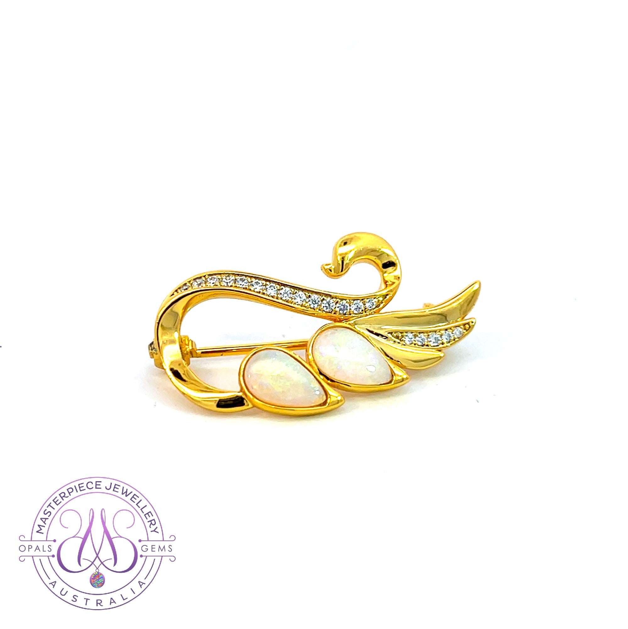 Gold plated silver brooch with Swan design and white opals