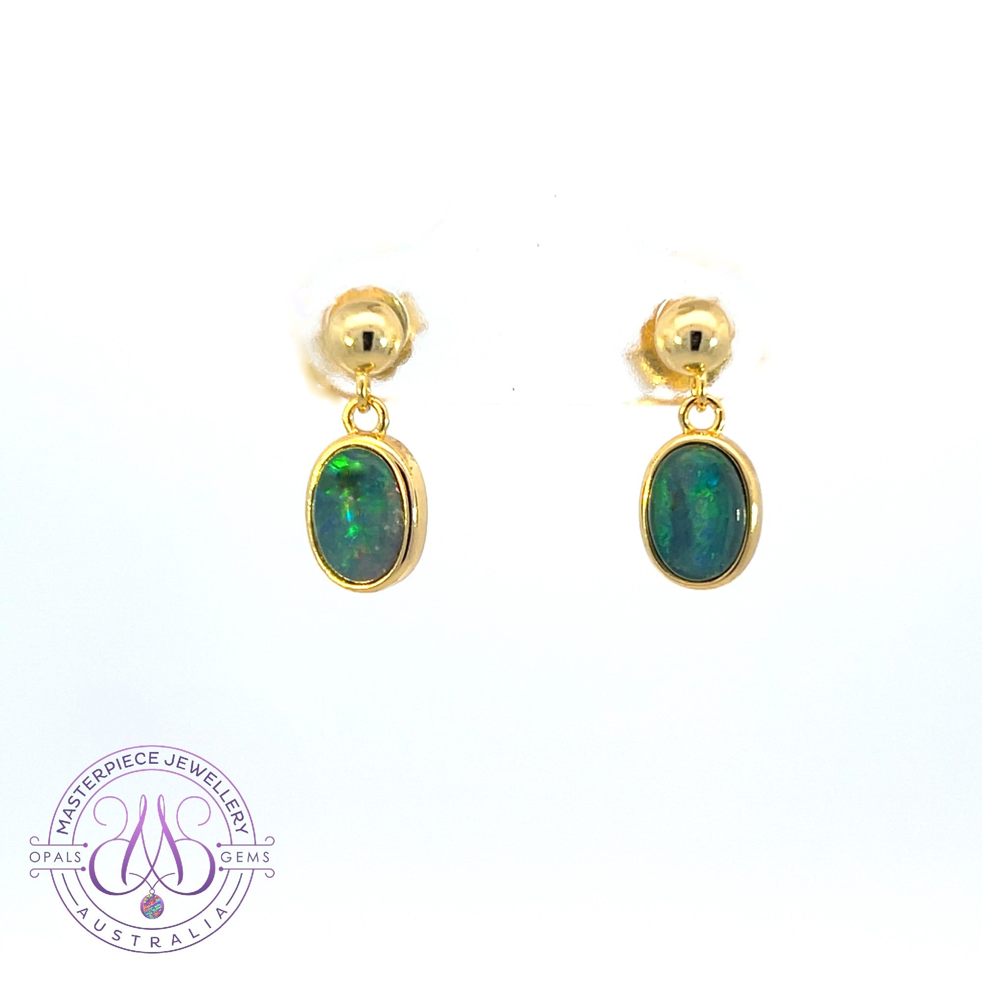 Gold Plated Silver short drop earrings 7x5mm Opal triplet