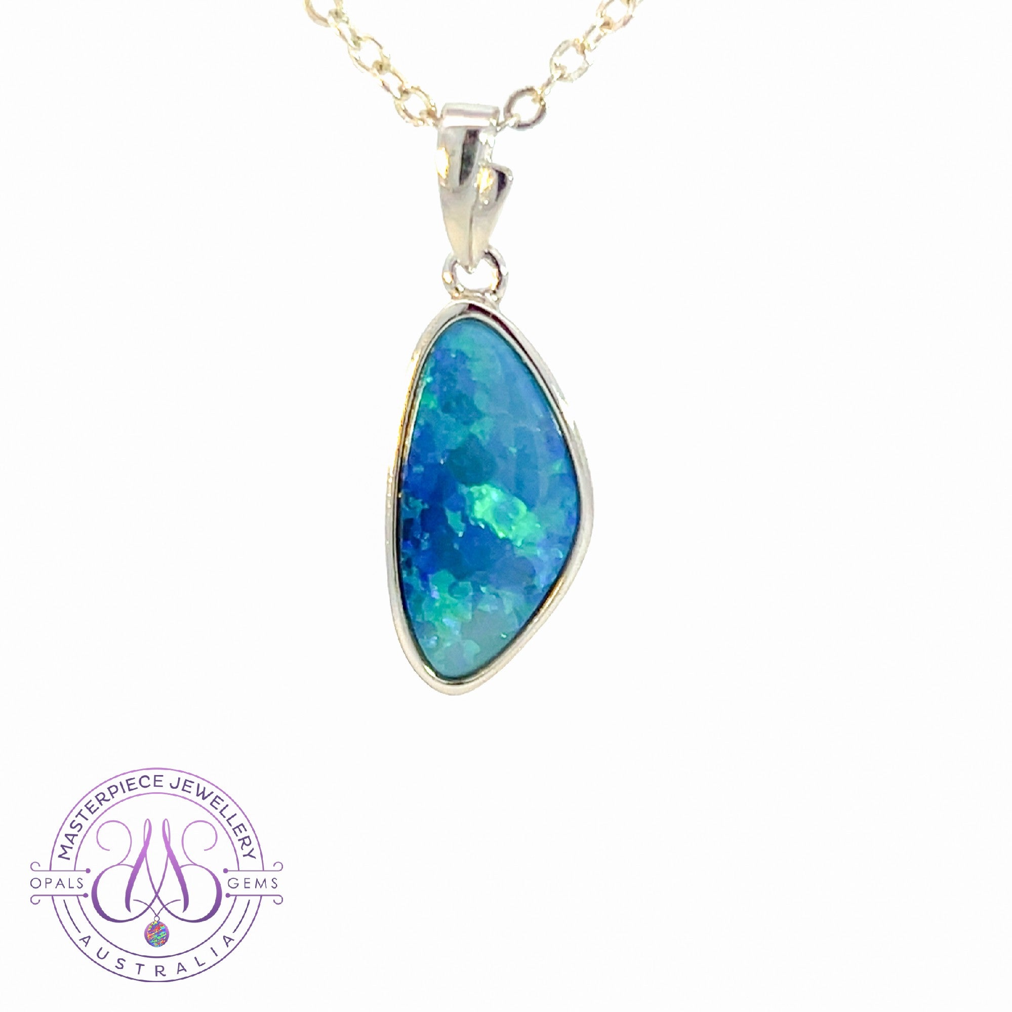 Sterling Silver Blue Green triangle shape Opal doublet pendant