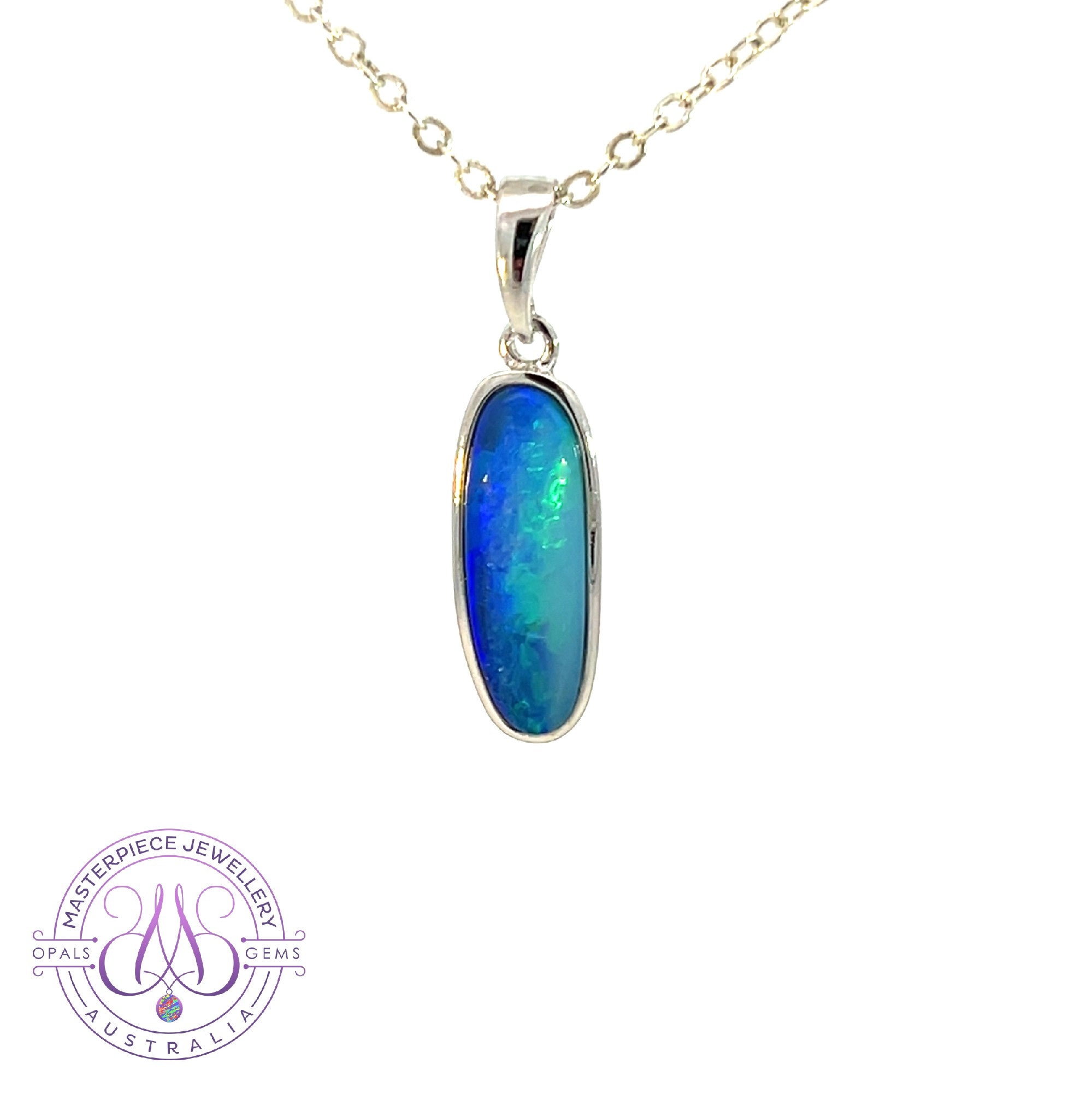 Sterling Silver Blue Green long oval Opal doublet pendant