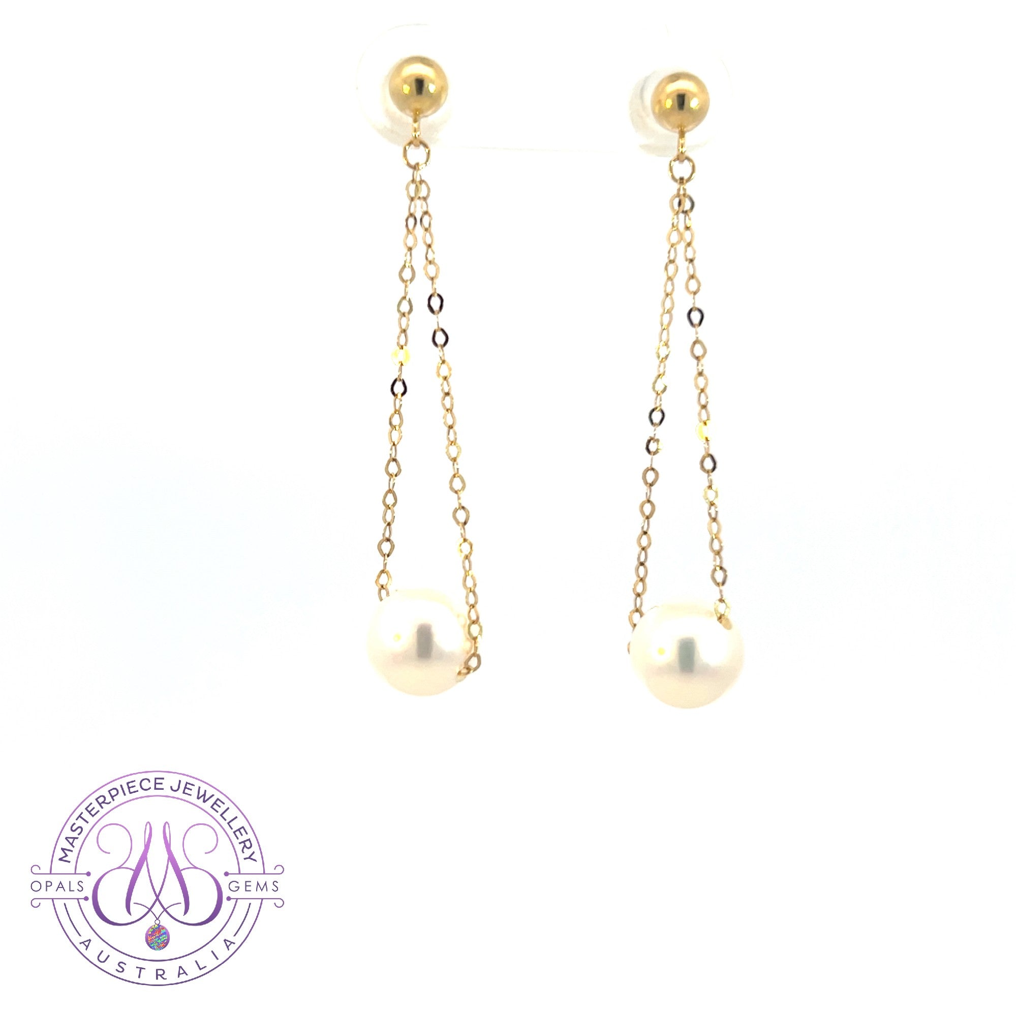 18kt Yellow Gold dangling Akoya 7-7.5mm Pearl earrings