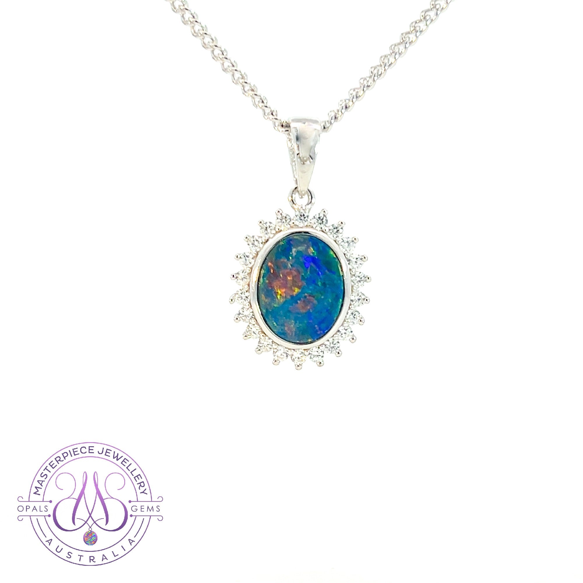 Sterling Silver cluster Opal doublet 9x7mm Blue Red pendant