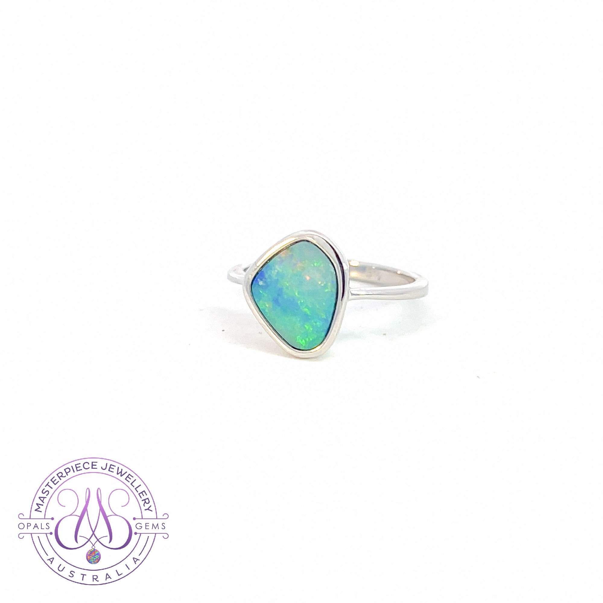 Sterling Silver Opal doublet freeform shape 10x8mm bezel set solitaire ring