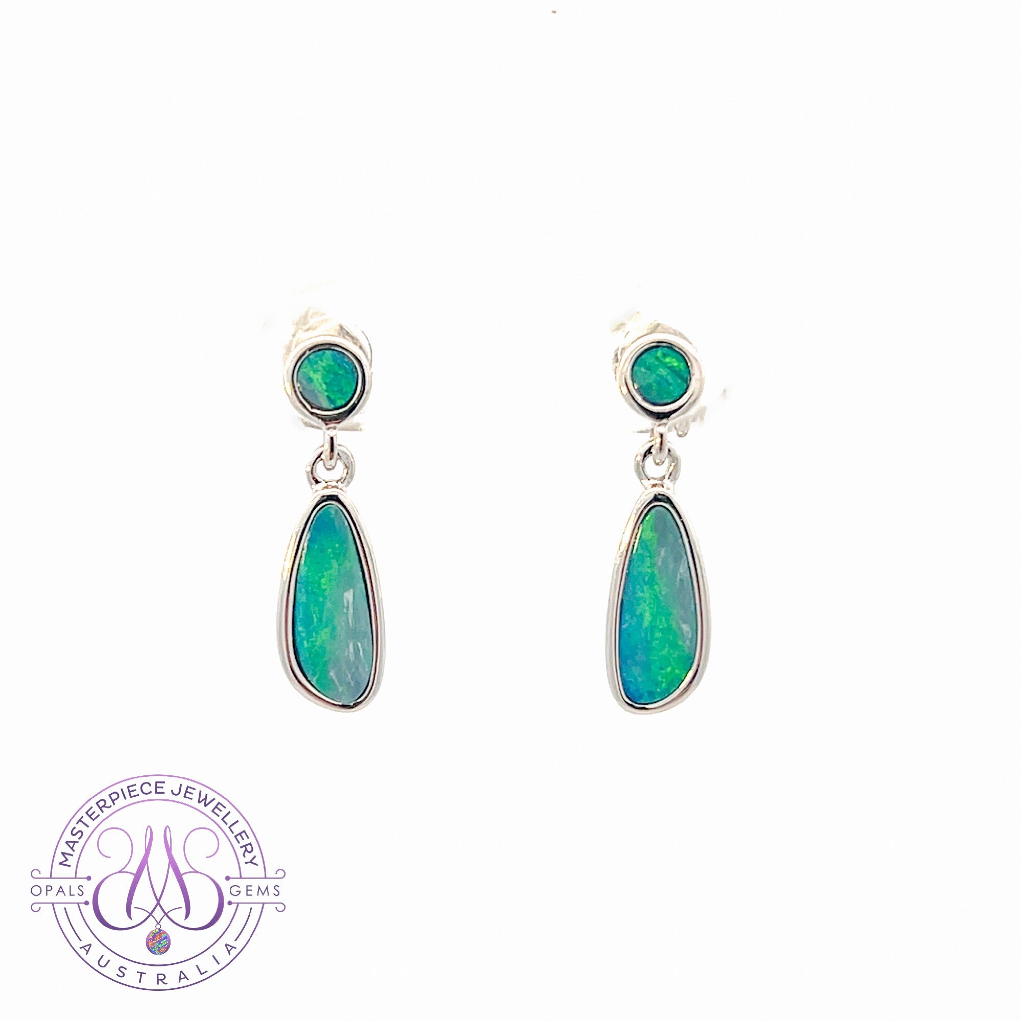 Sterling Silver drop earrings Blue Green Red line pattern Opal doublets bezel set