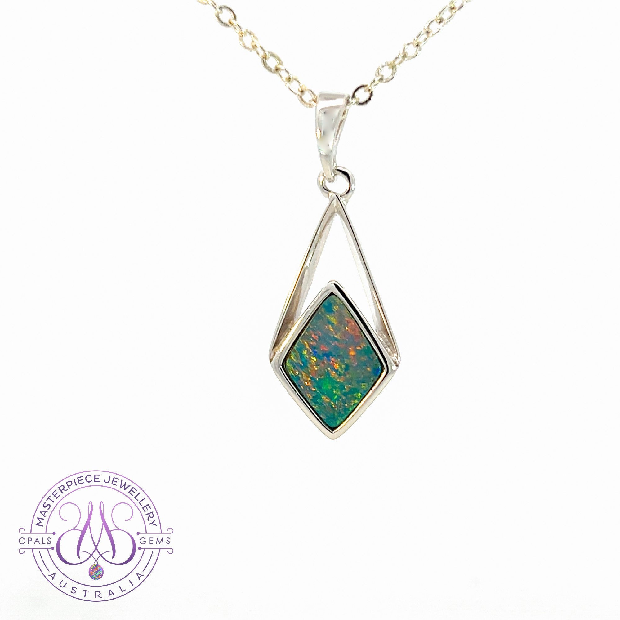 Sterling Silver diamond shape Opal doublet pendant