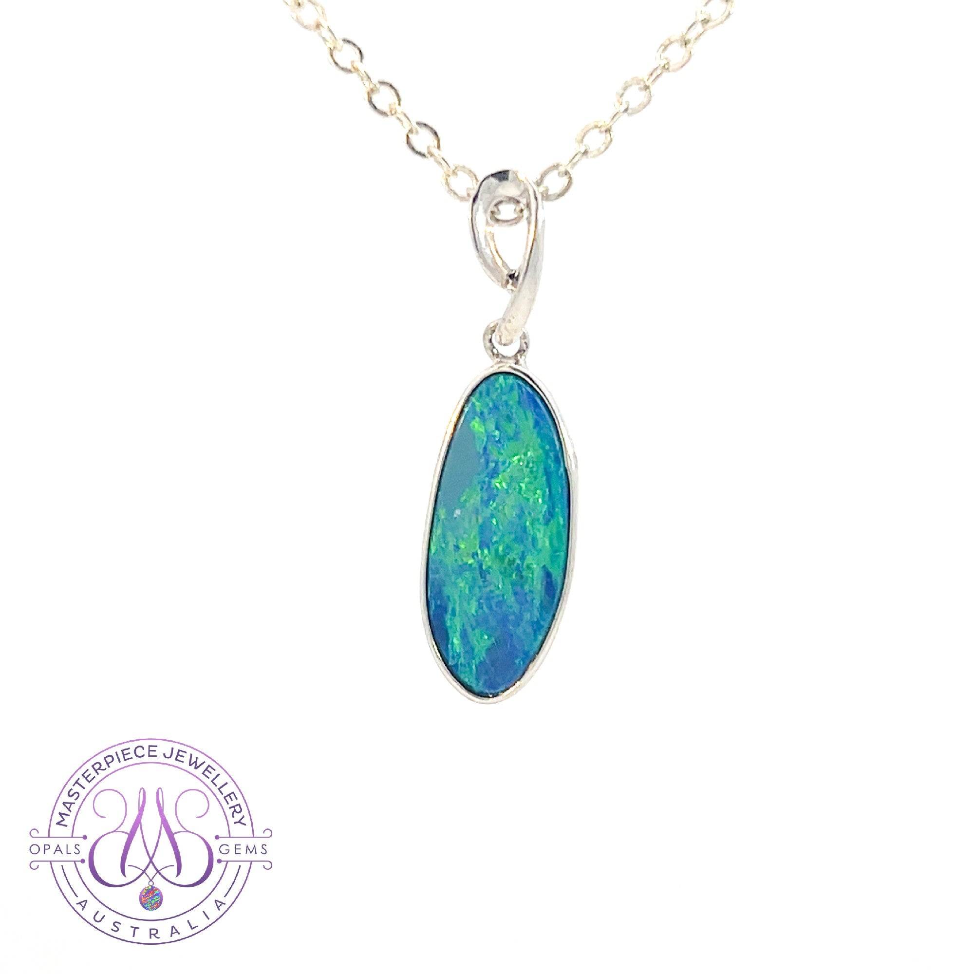 Sterling Silver Opal blue green long oval shape doublet pendant