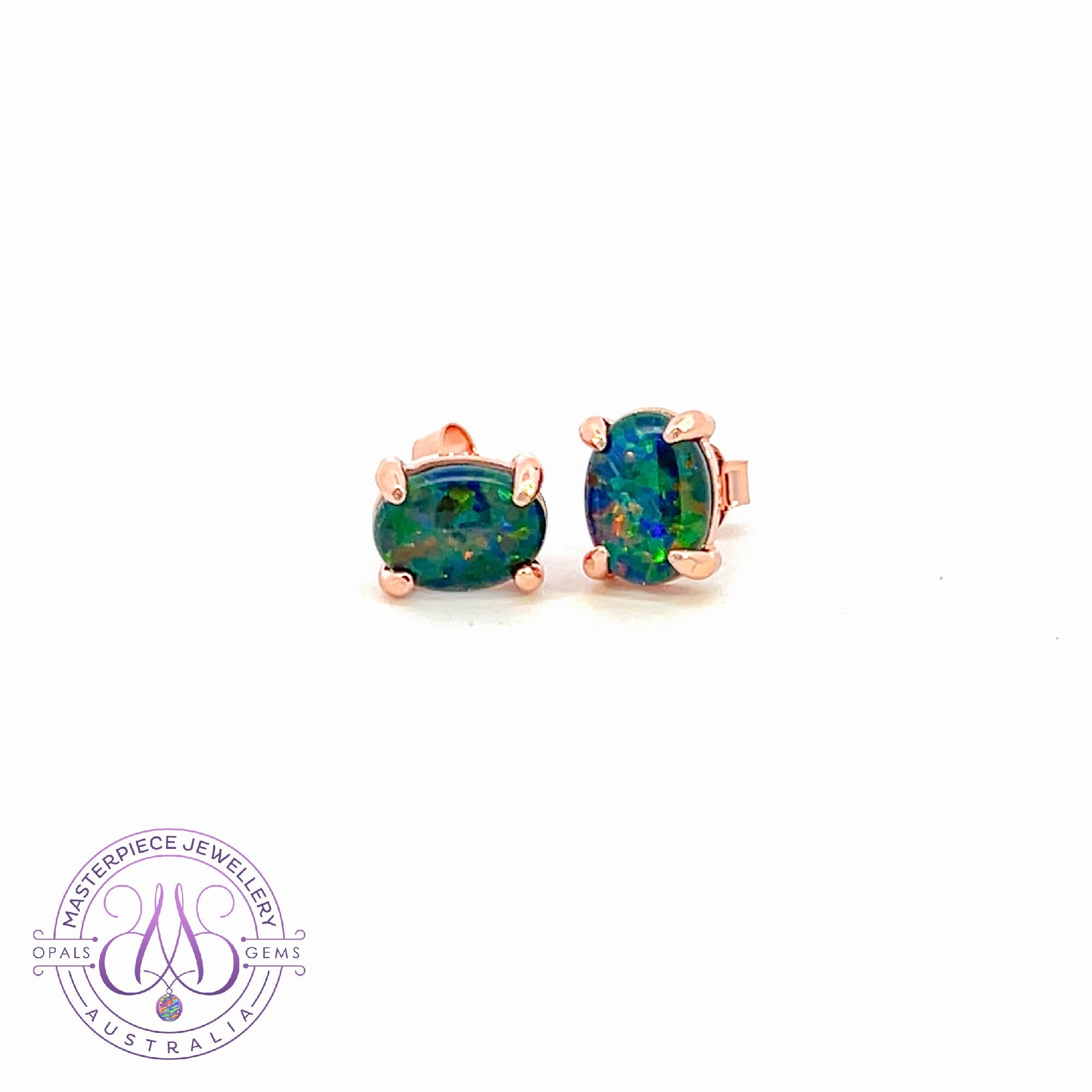 Rose Gold plated Sterling Silver 4 claw Opal triplet 8x6mm earring studs