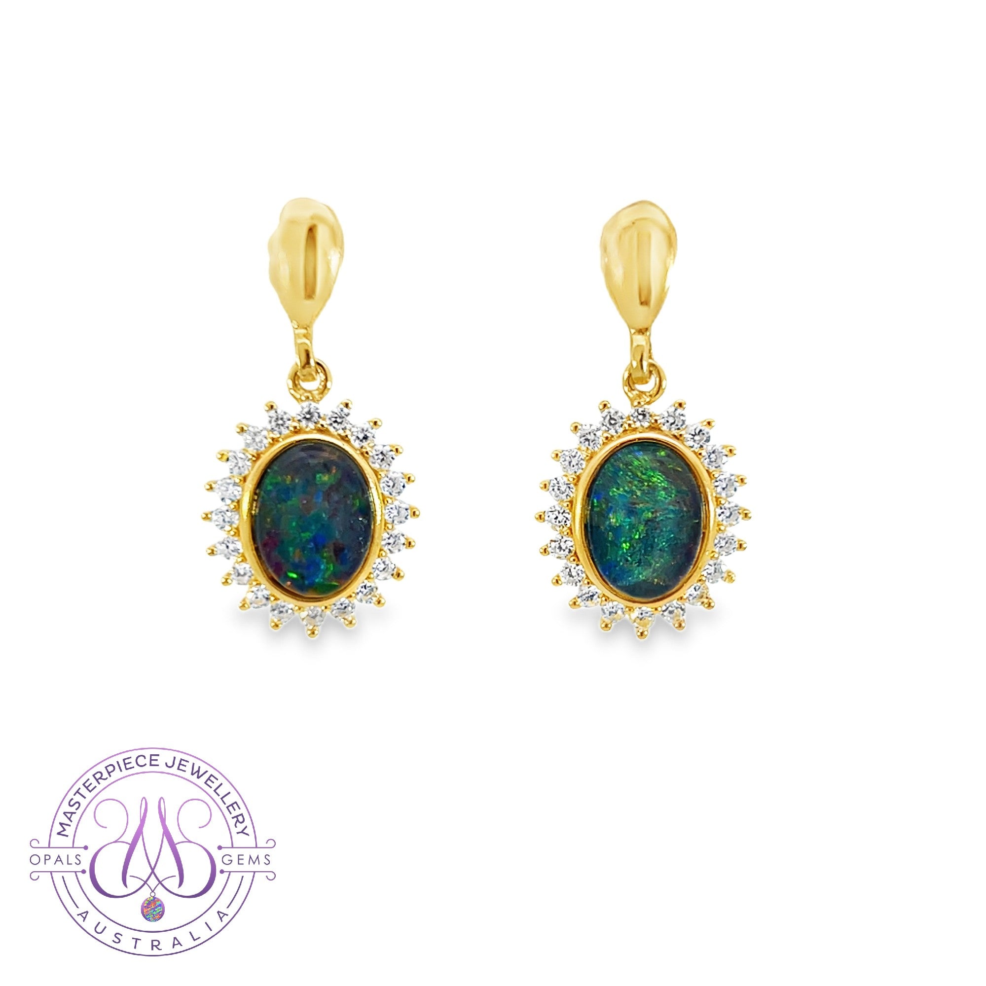 Gold Plated cluster dangling short 8x6mm opal triplet earrings
