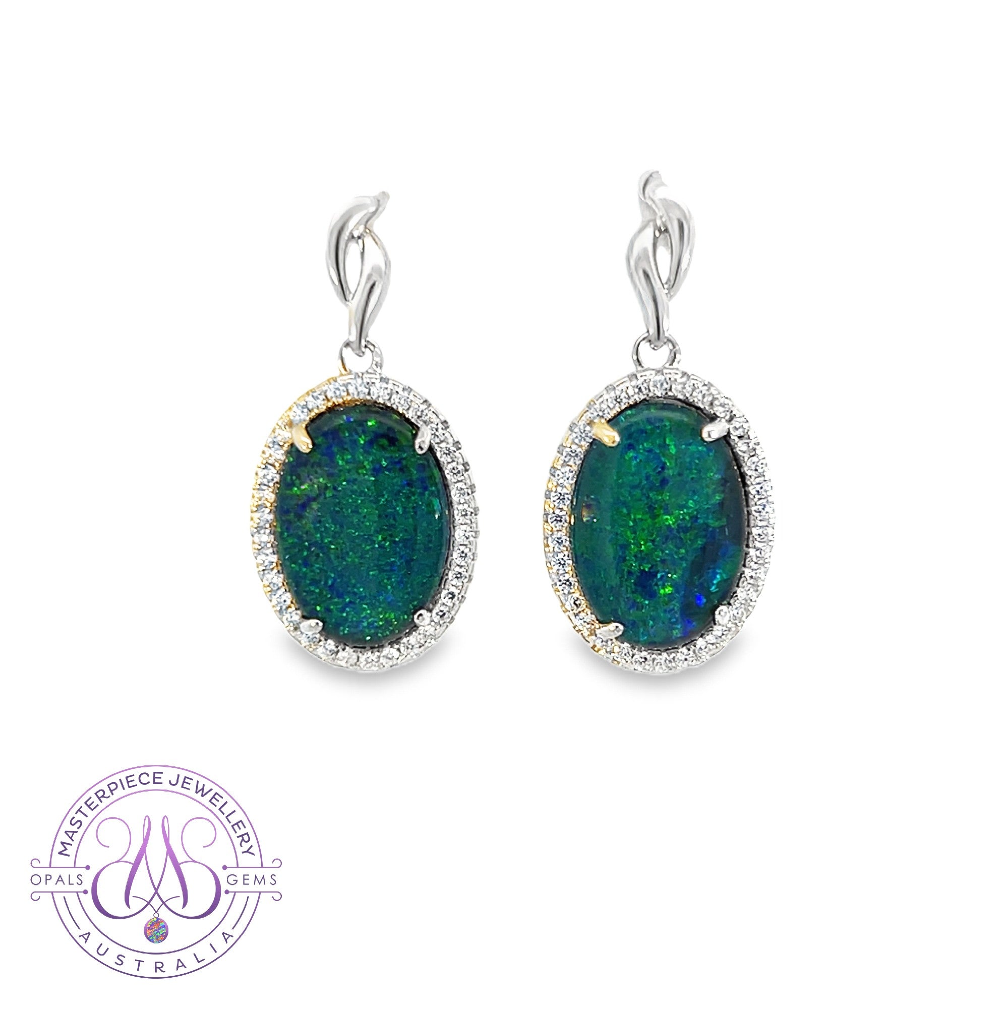 Sterling Silver large dangling halo earrings Opal tripelts 14x10mm