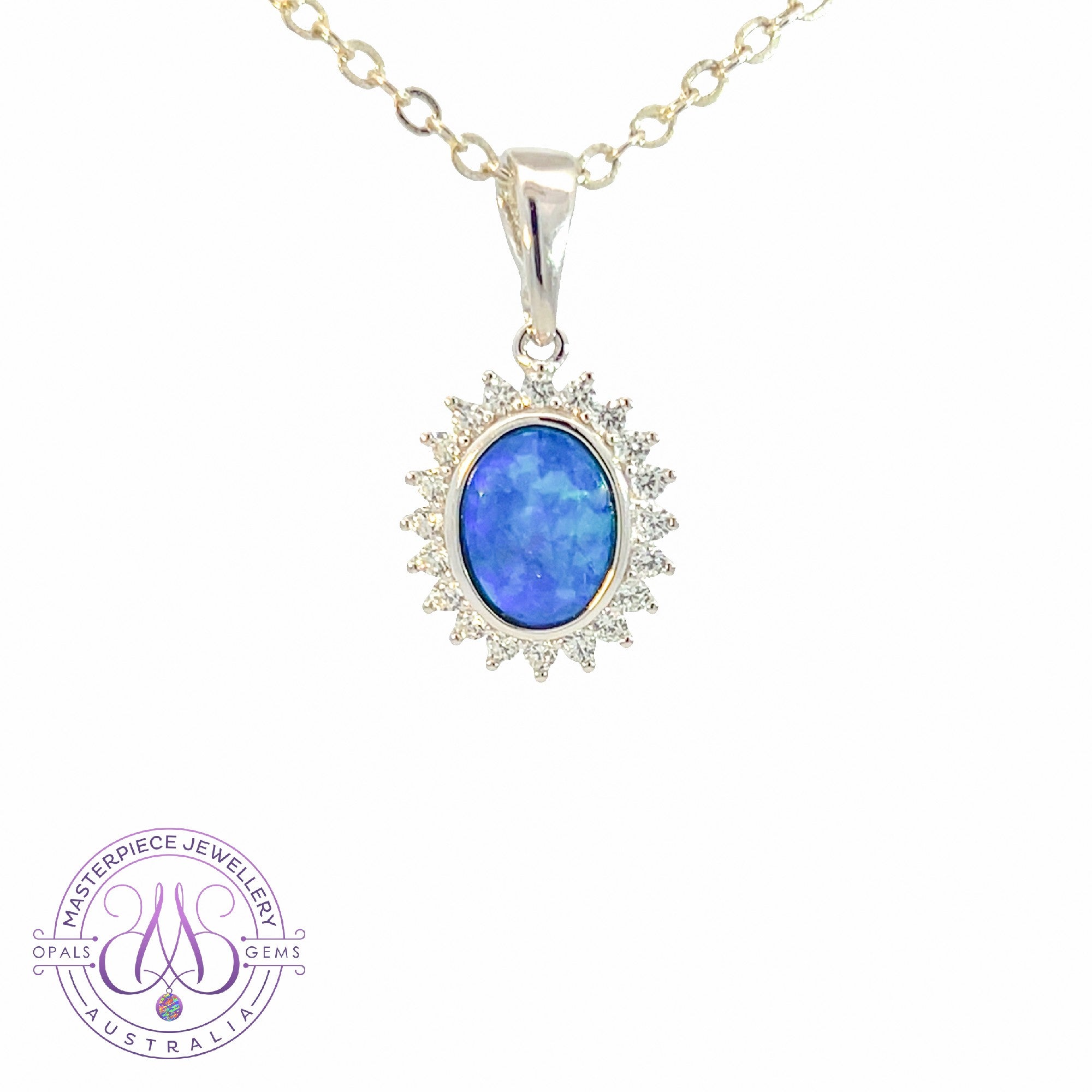 Sterling Silver Black Opal doublet Blue colour halo pendant