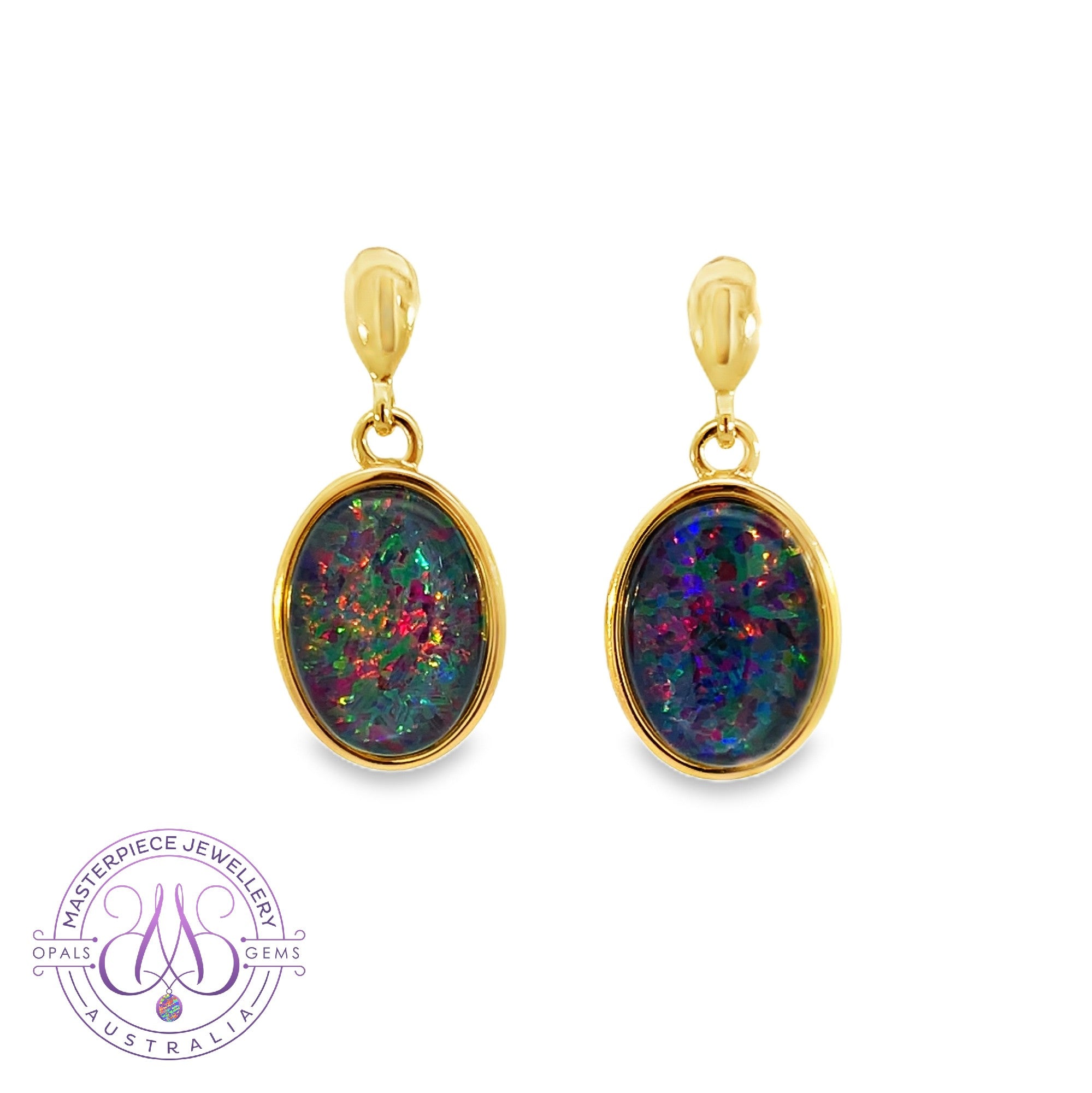 Gold Plated Silver short drop 14x10mm Opal triplet earrings bezel set