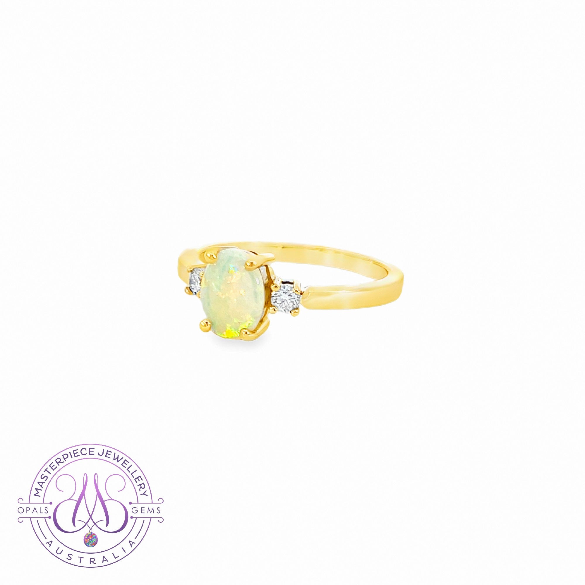 18kt Yellow Gold White Opal 0.8ct and 2 diamond ring