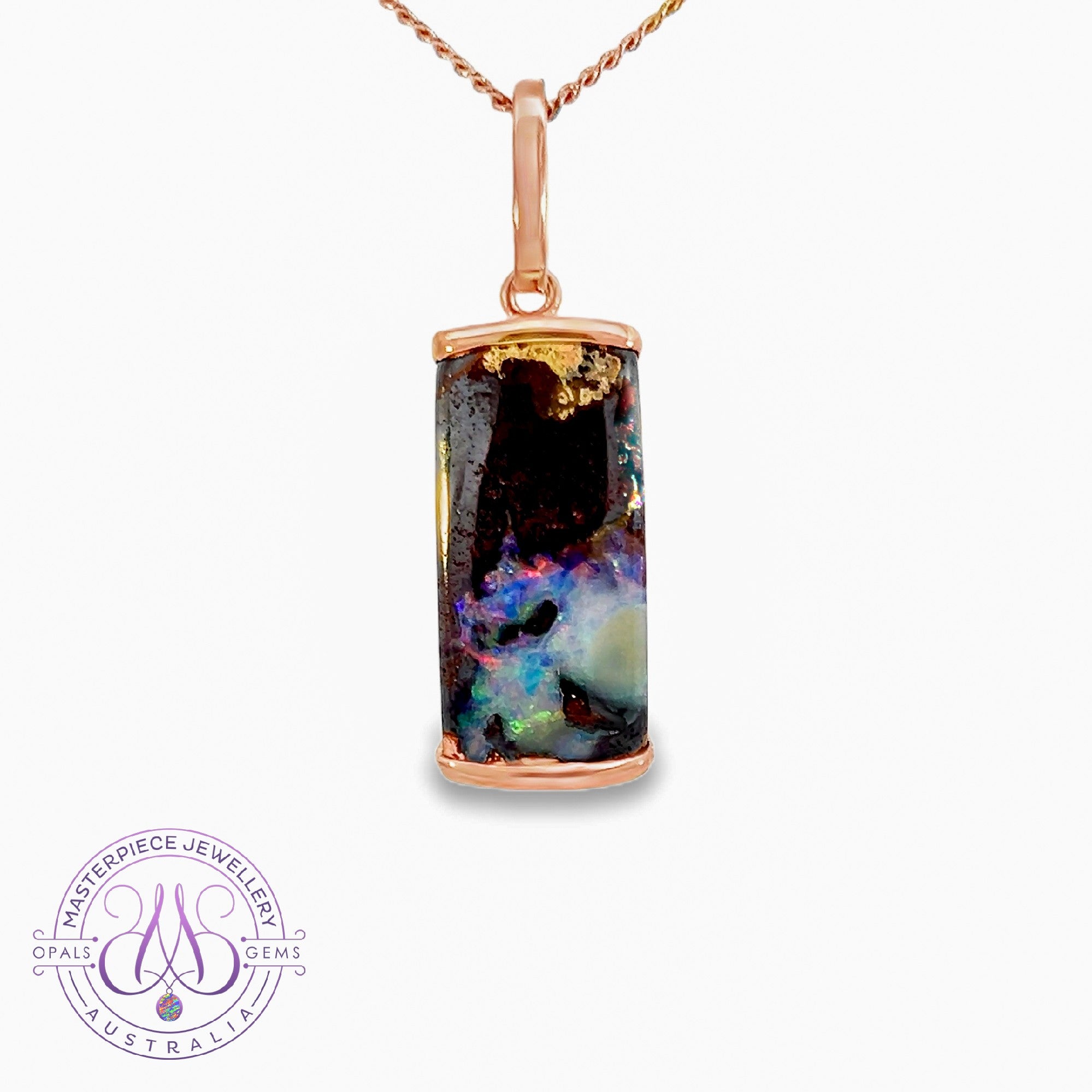 Rose Gold plate sterling Silver boulder Opal rectangular shape half bezel pendant