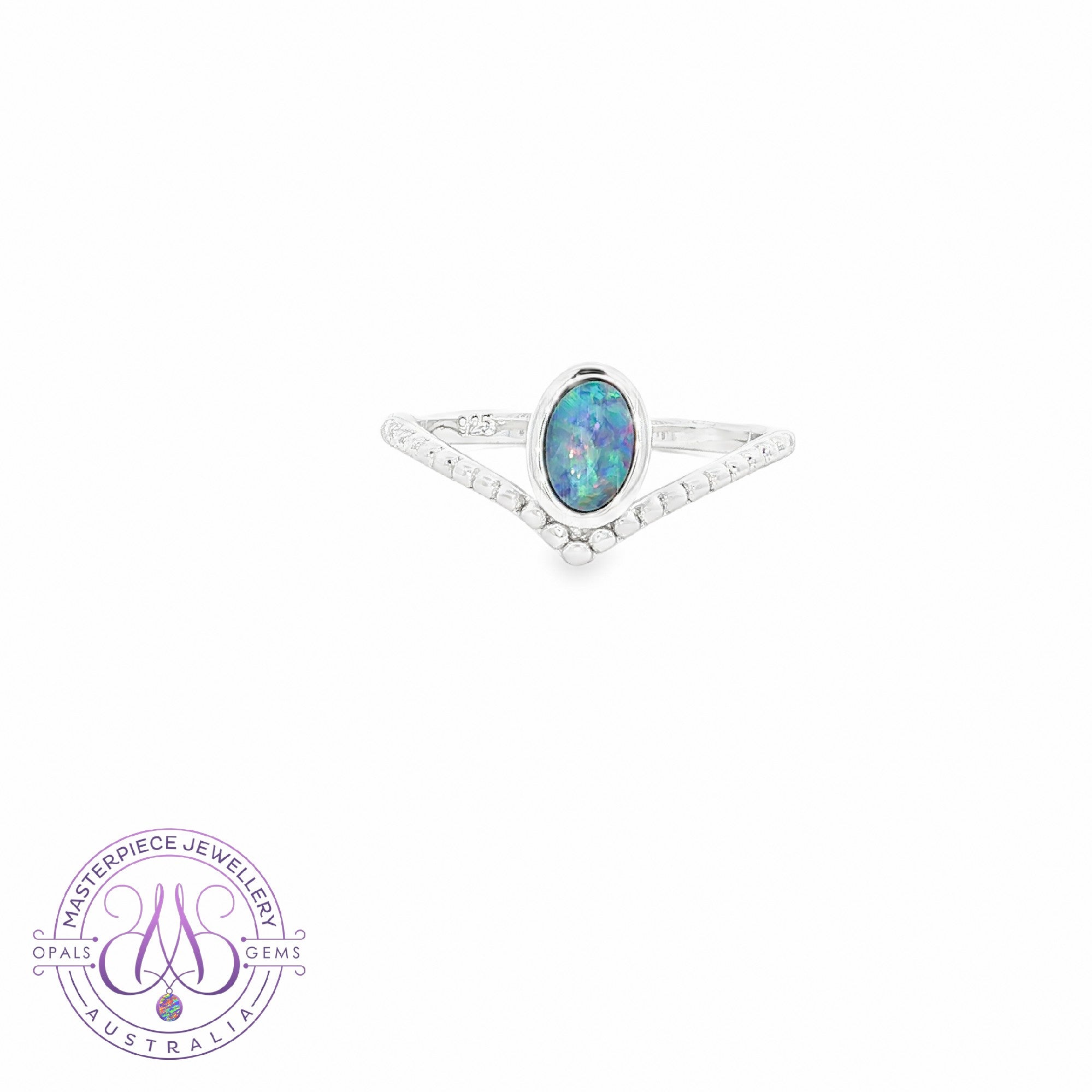 Sterling Silver V-shape band with 6x4mm Opal doublet millgrain finish ring