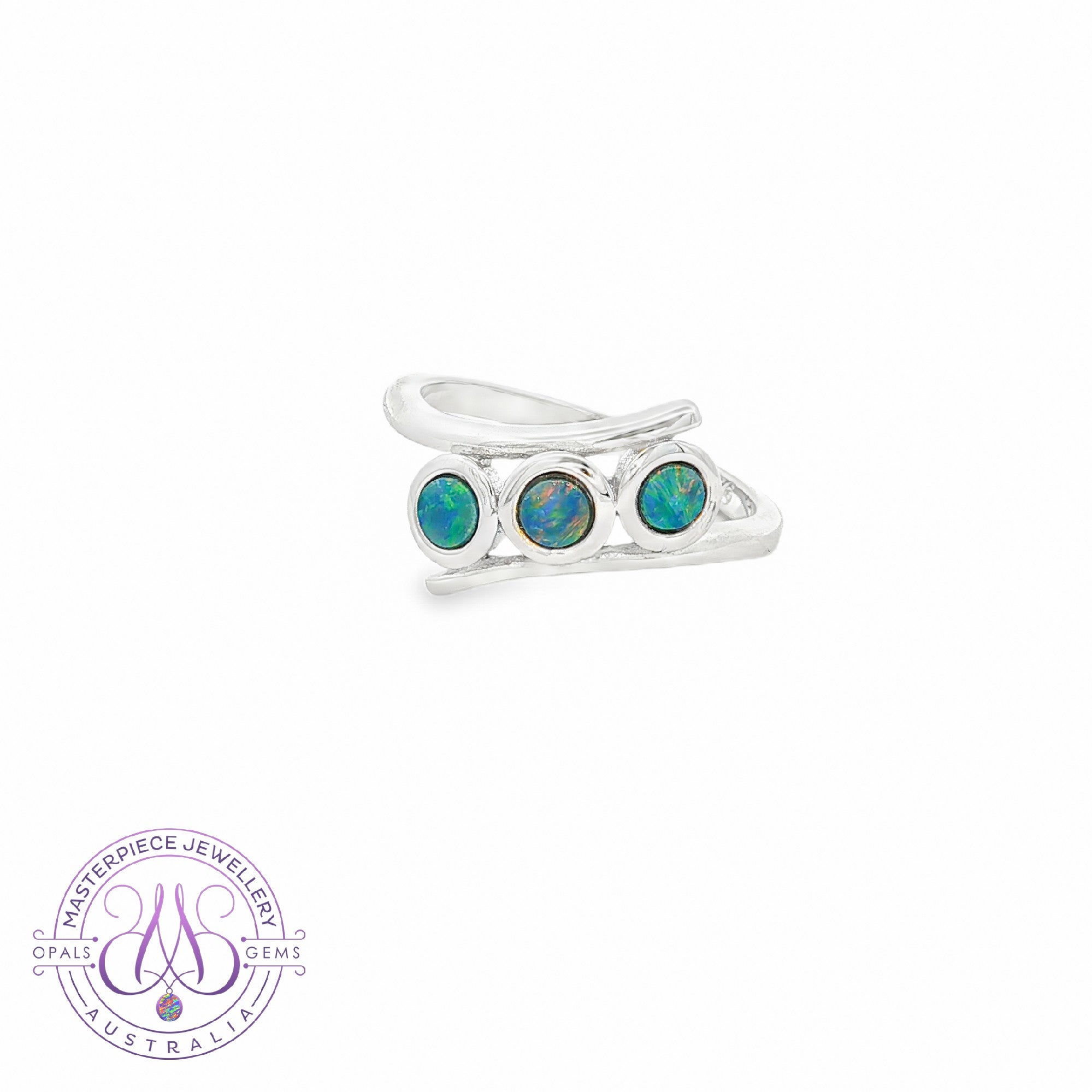 Sterling Silver 3 stone round slanted ring Opal doublets