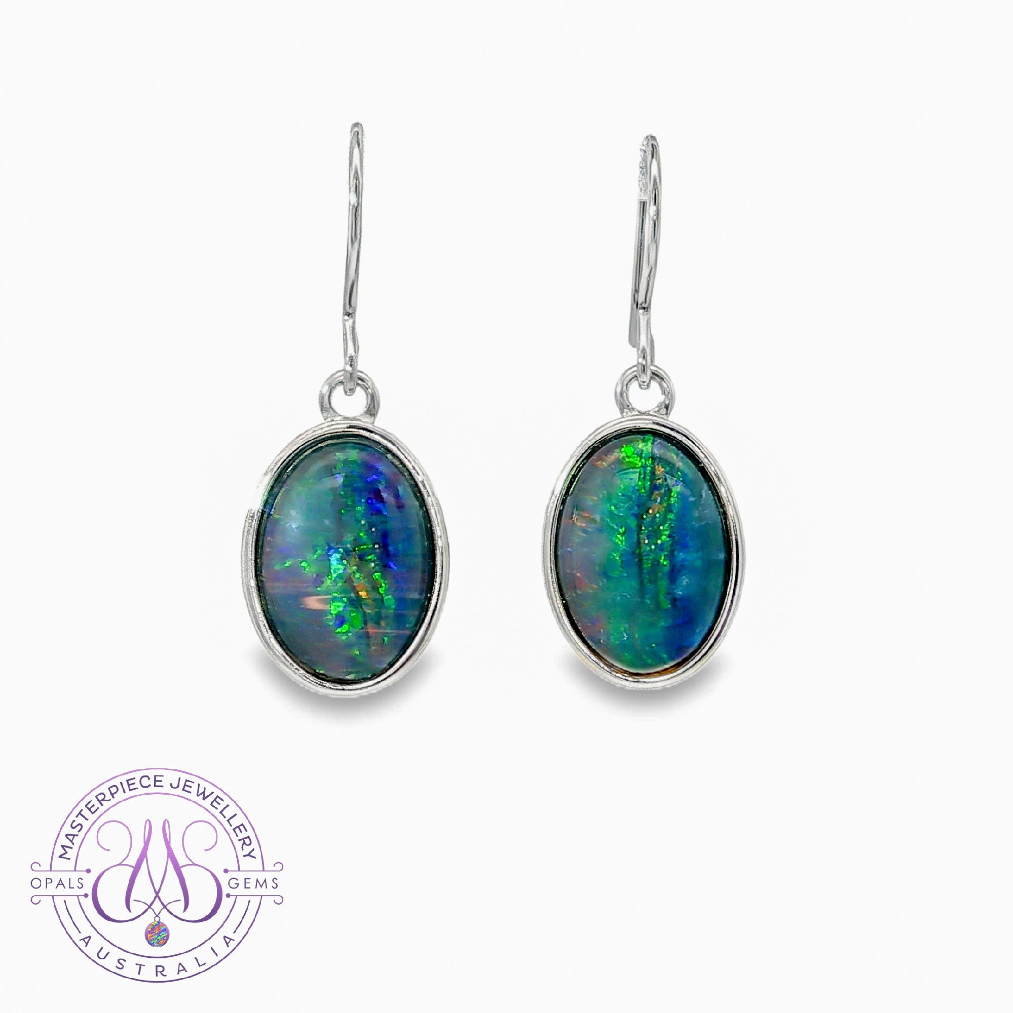 Sterling Silver dangling Opal triplet oval earrings on hooks
