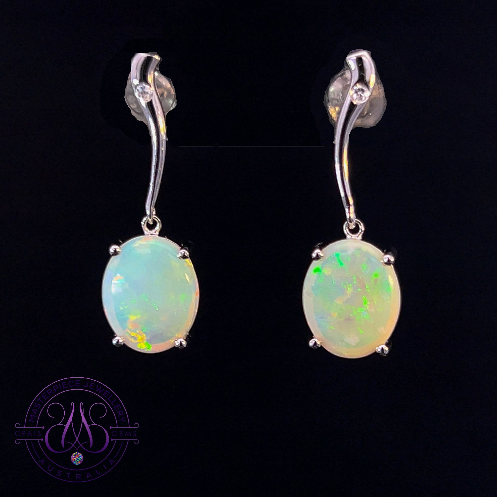 Sterling Silver dangling Crystal Opal 10x8mm curved bar earrings
