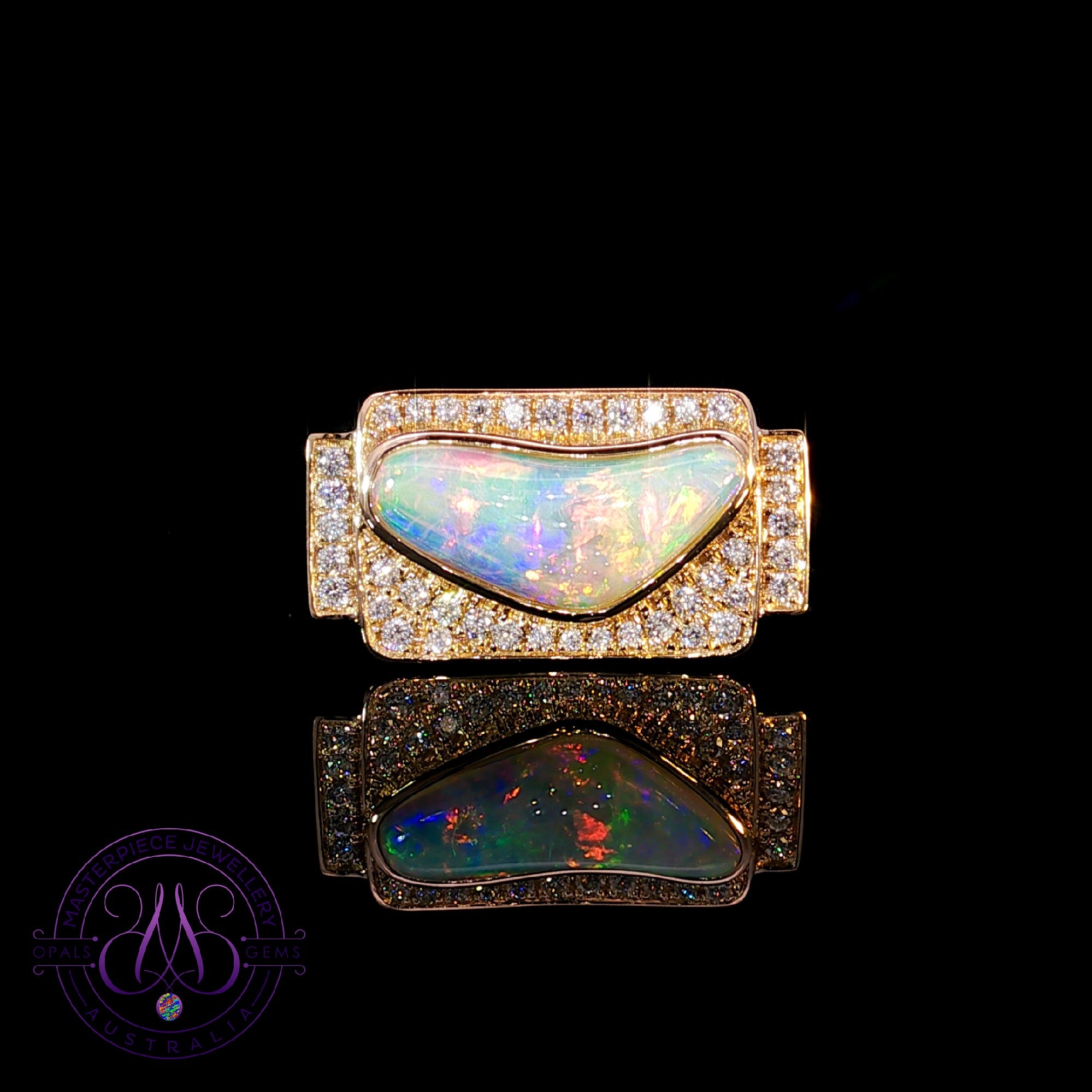 14kt Yellow Gold rectangular Crystal Opal and diamond ring