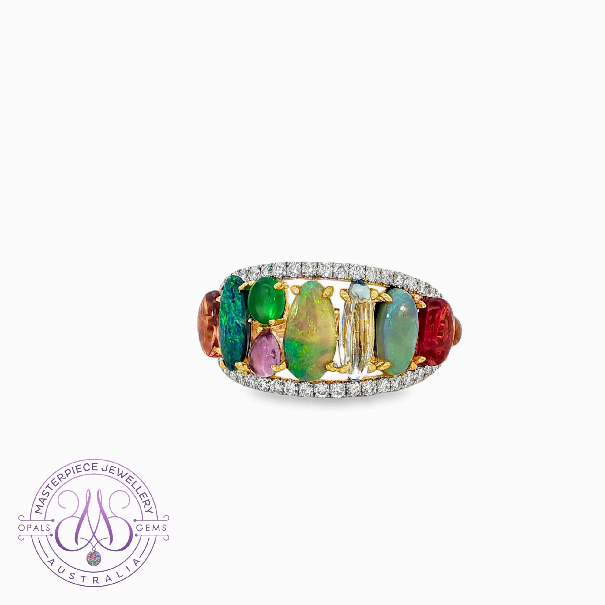 14kt Yellow Gold eternity style split band Opal and Multi colour gems