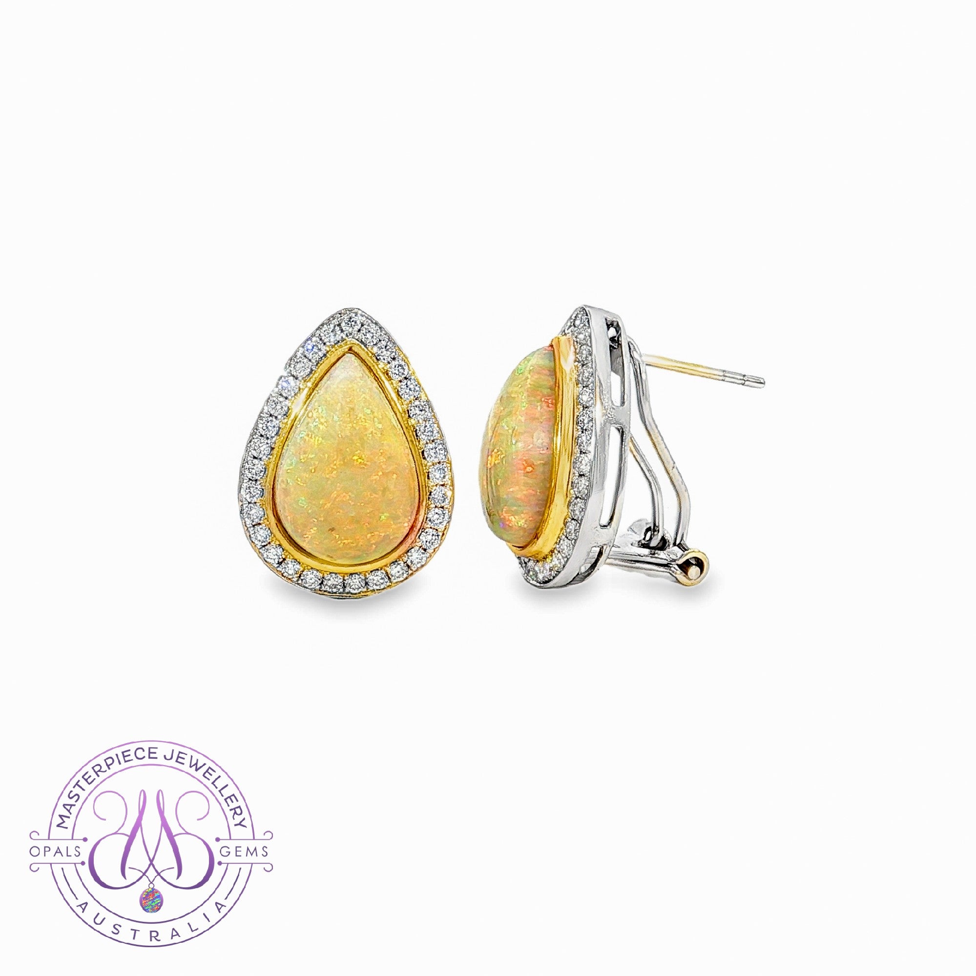 18kt White and yellow Gold statement pearshape Opal 7.67ct halo huggie studs