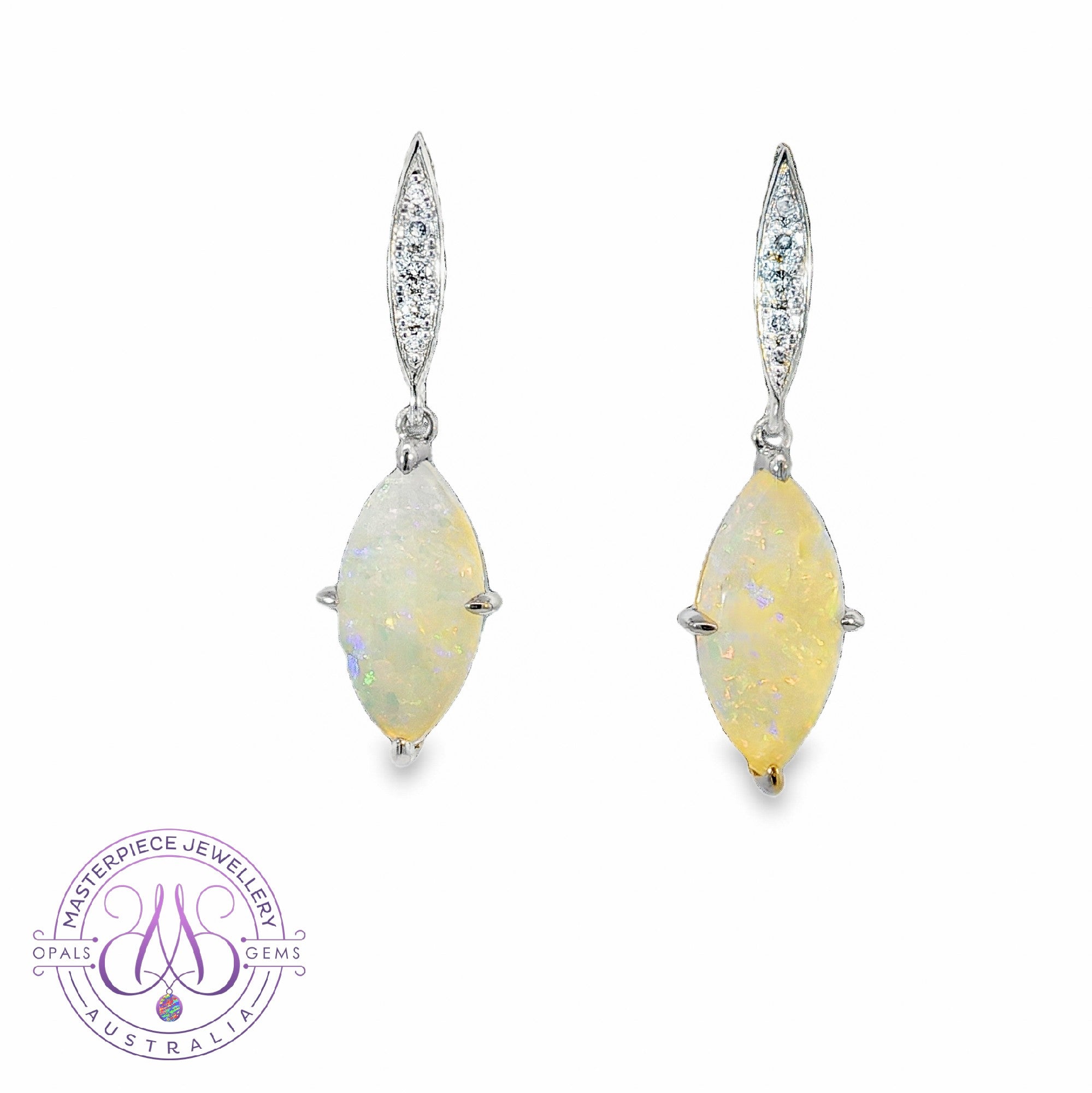 Platinum dangle earrings with Marquise shape 3.39ct Opals and diamonds