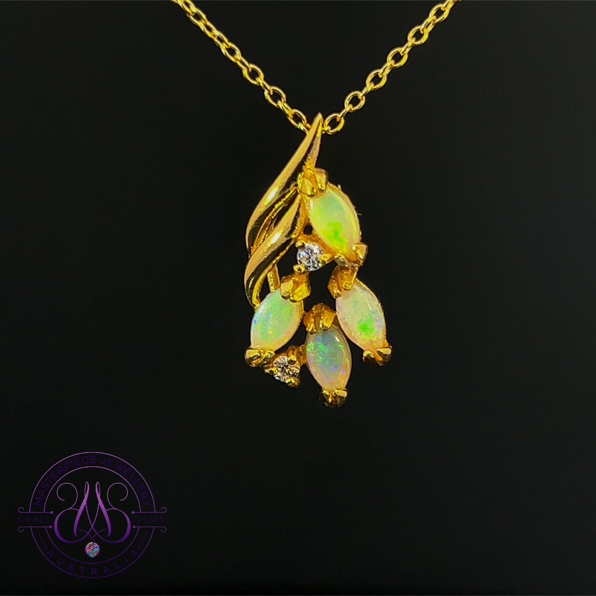 Gold Plated Silver marquise shape 6x3mm flame design White Opal pendant