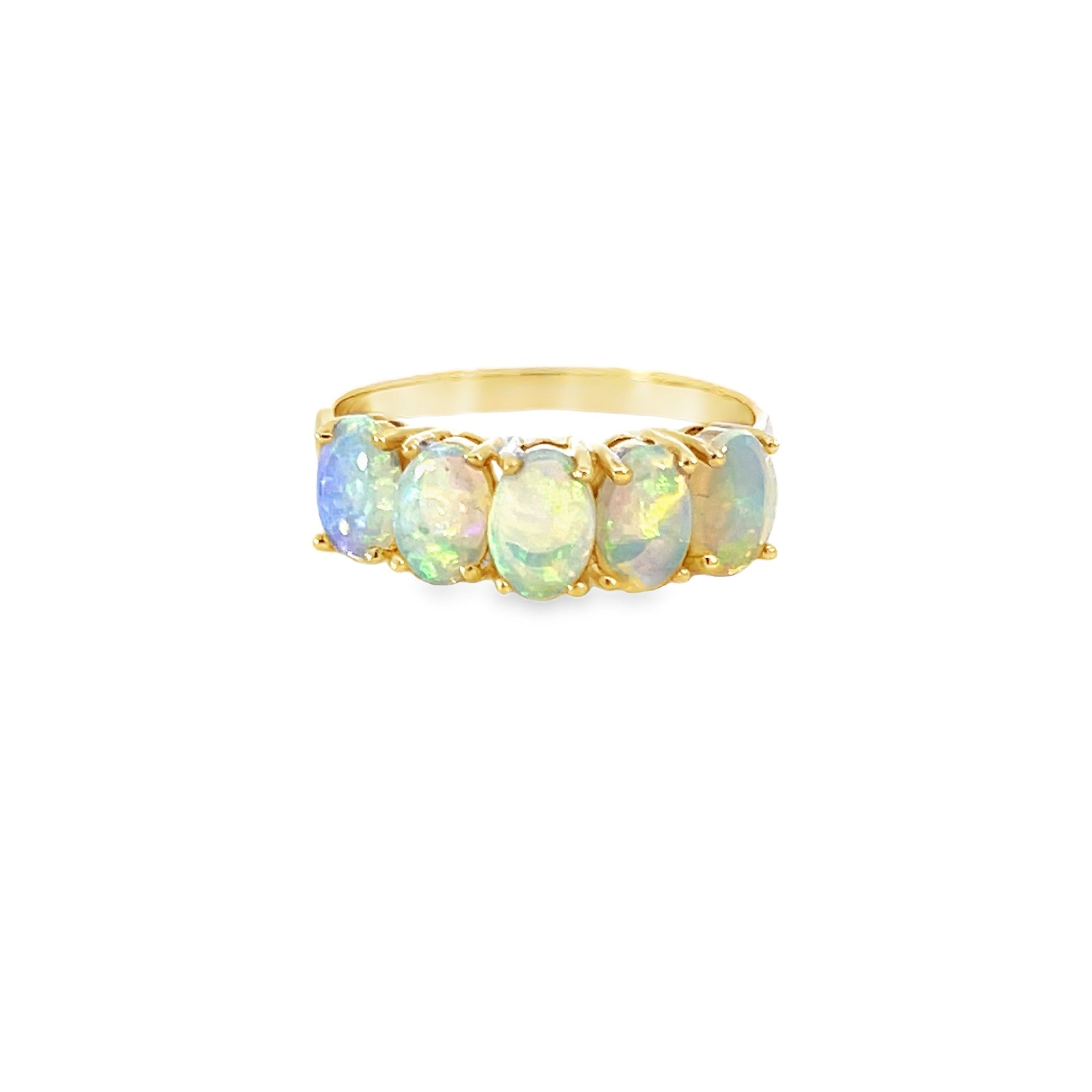 14kt Yellow Gold eternity band set with 5 Crystal Opals 1.09ct