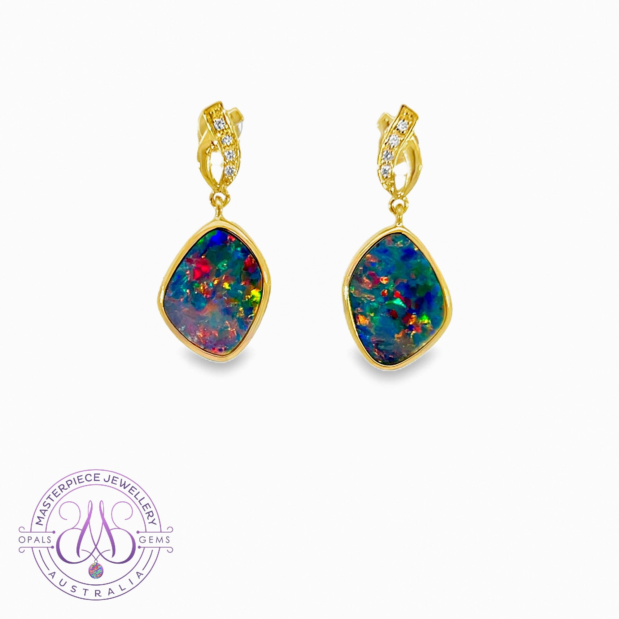 14kt Yellow Gold dangling Opal doublet 4.7ct and diamond earrings