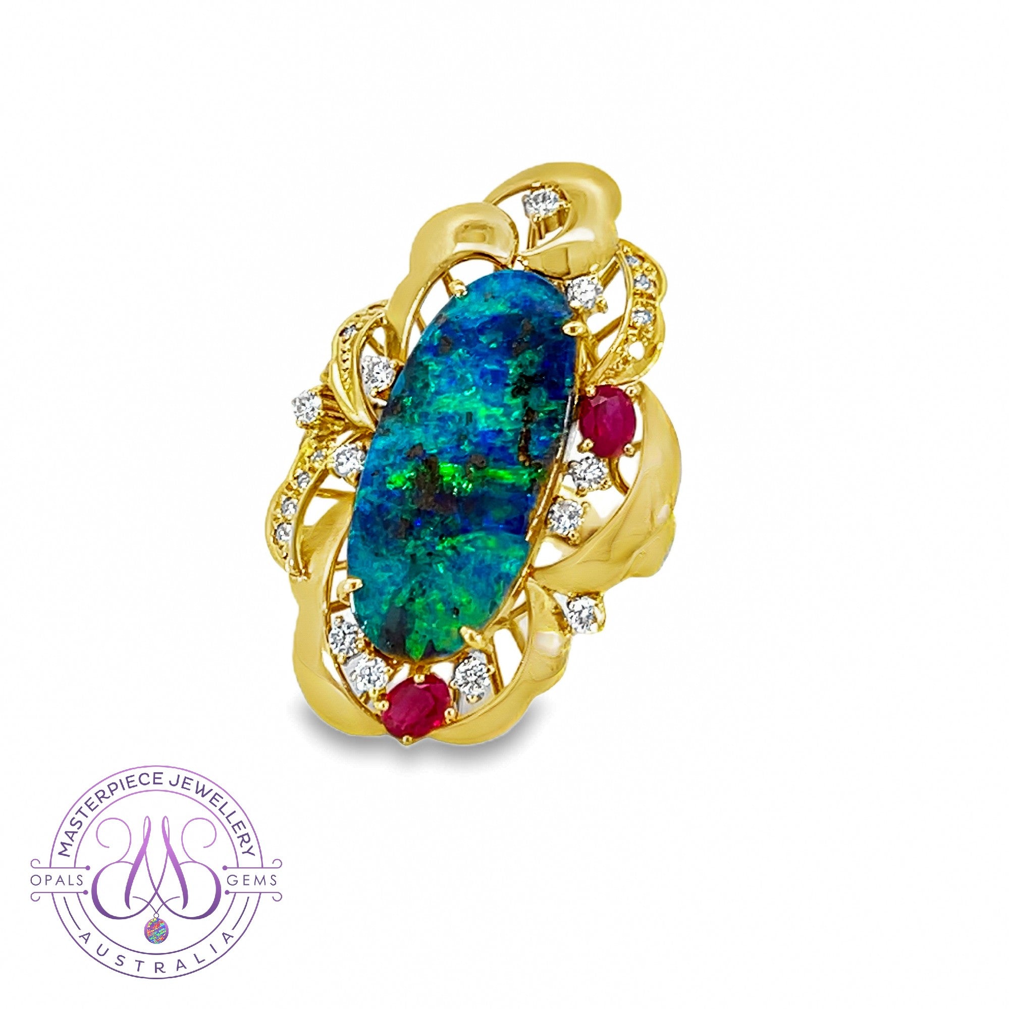 18kt Yellow Gold Boulder Opal 6.53ct, Ruby 0.45ct and diamonds 0.43ct statement ring