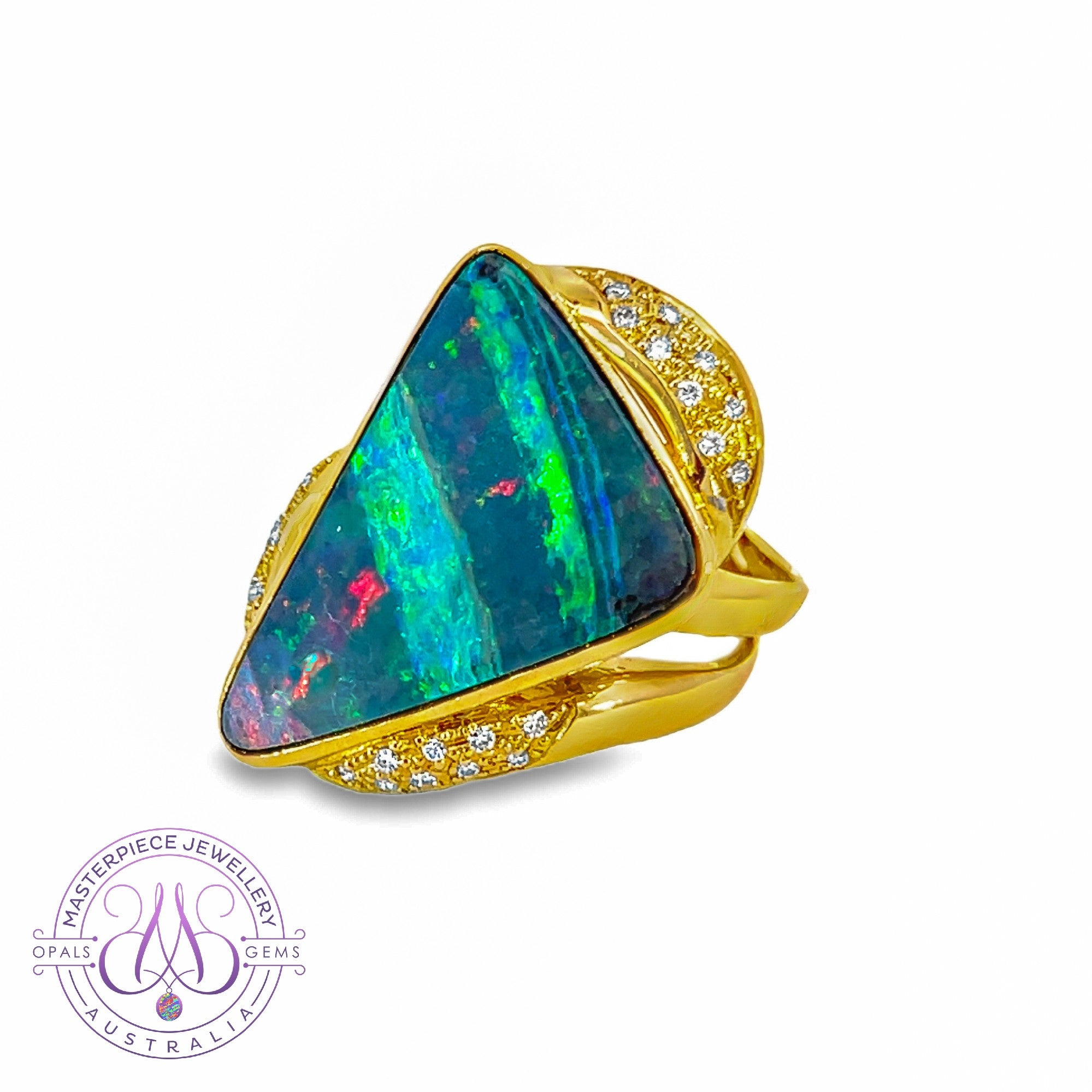 18kt Yellow Gold Boulder Opal 9ct diamonds 0.18ct statement ring