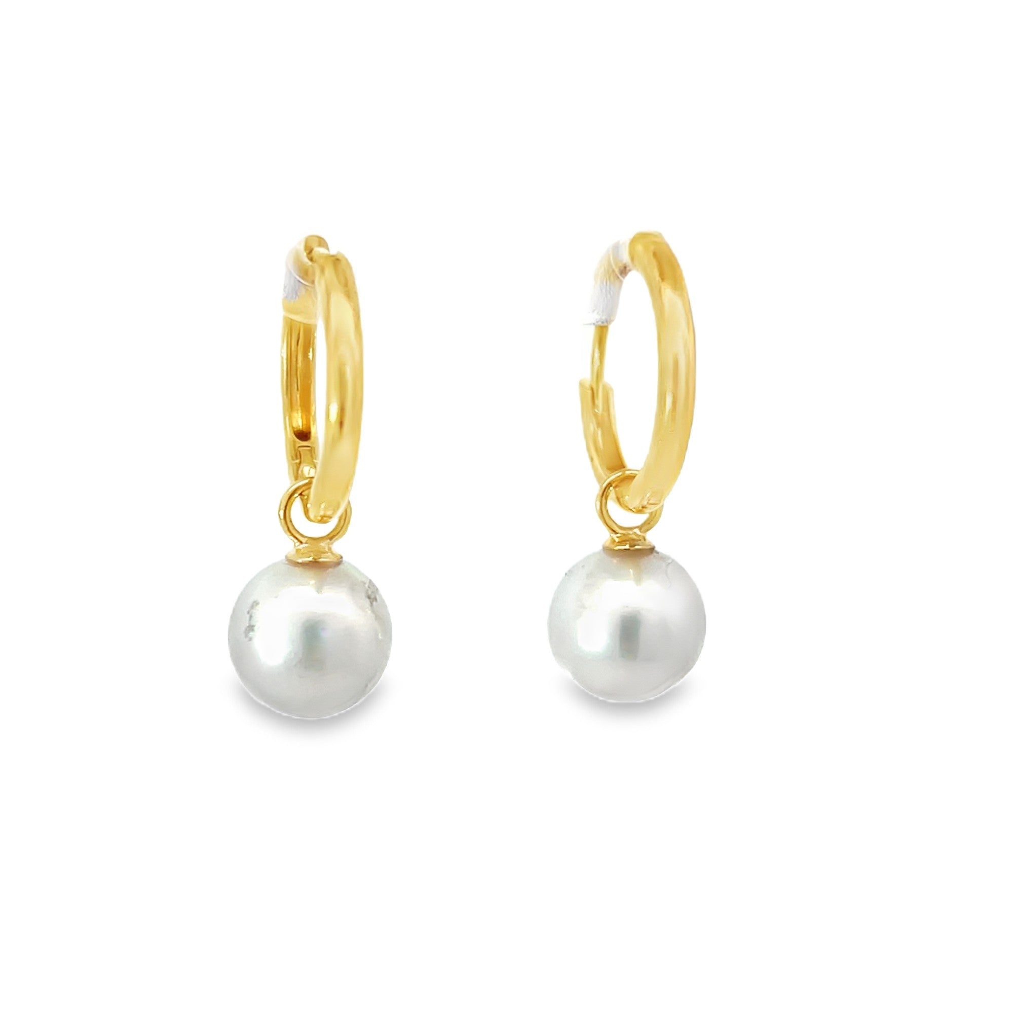 Pair of 18kt Yellow Gold hoop style South Sea Pearl earrings 8.5-9mm size