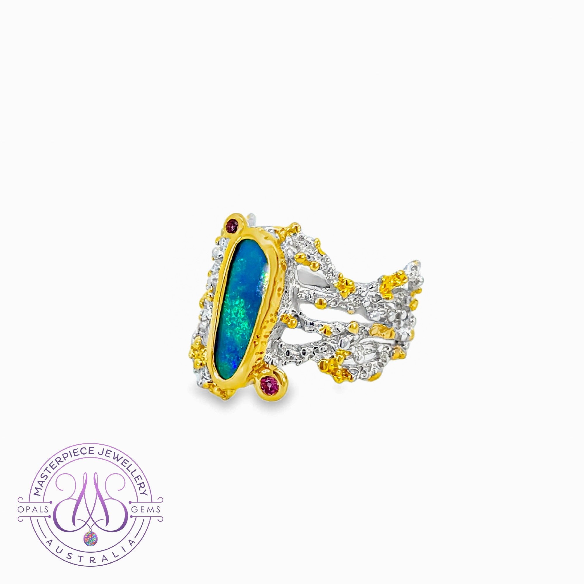 Sterling Silver Two-tone ring with Opal doublet Green Flash and colour gems